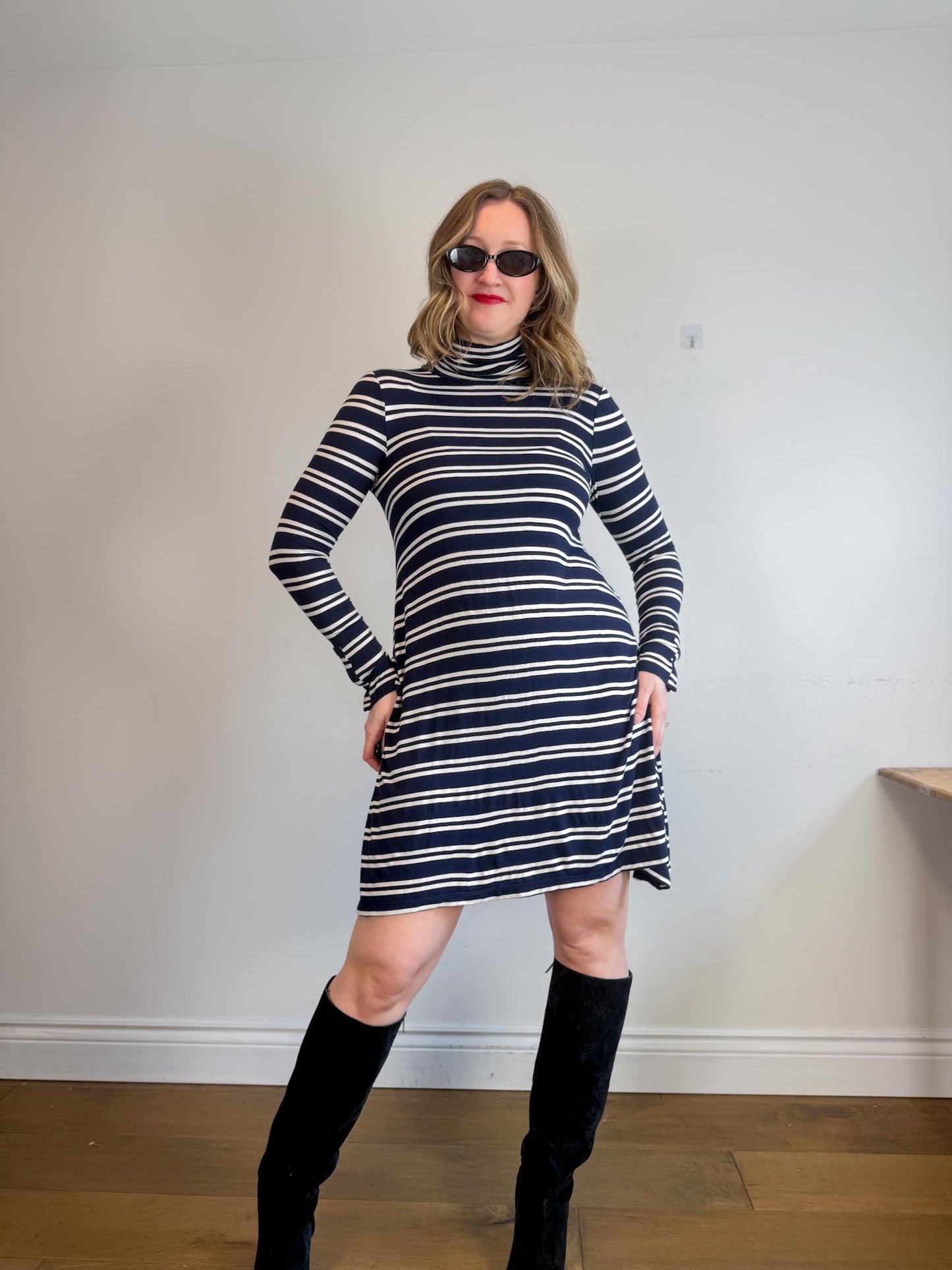 Anthropologie Maeve Turtleneck Swing Dress in Blue/White Stripe (Size M/L)