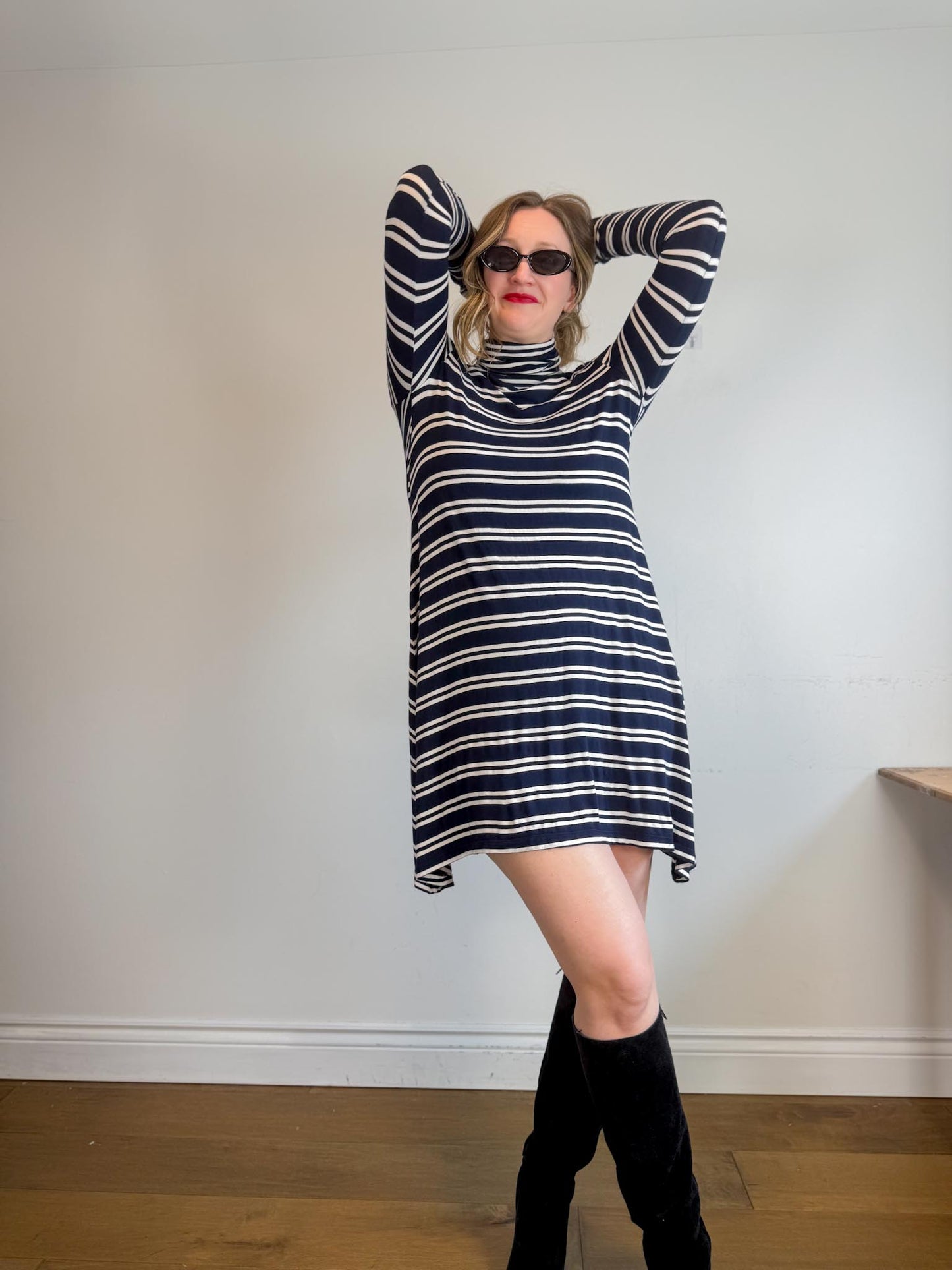 Anthropologie Maeve Turtleneck Swing Dress in Blue/White Stripe (Size M/L)