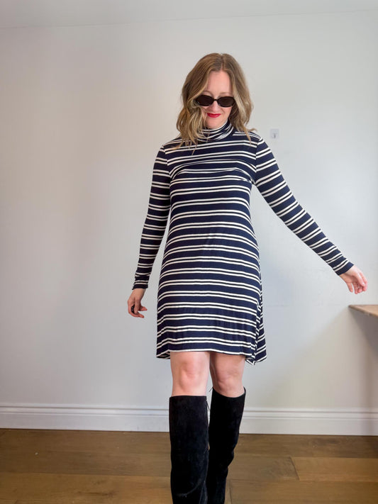 Anthropologie Maeve Turtleneck Swing Dress in Blue/White Stripe (Size M/L)