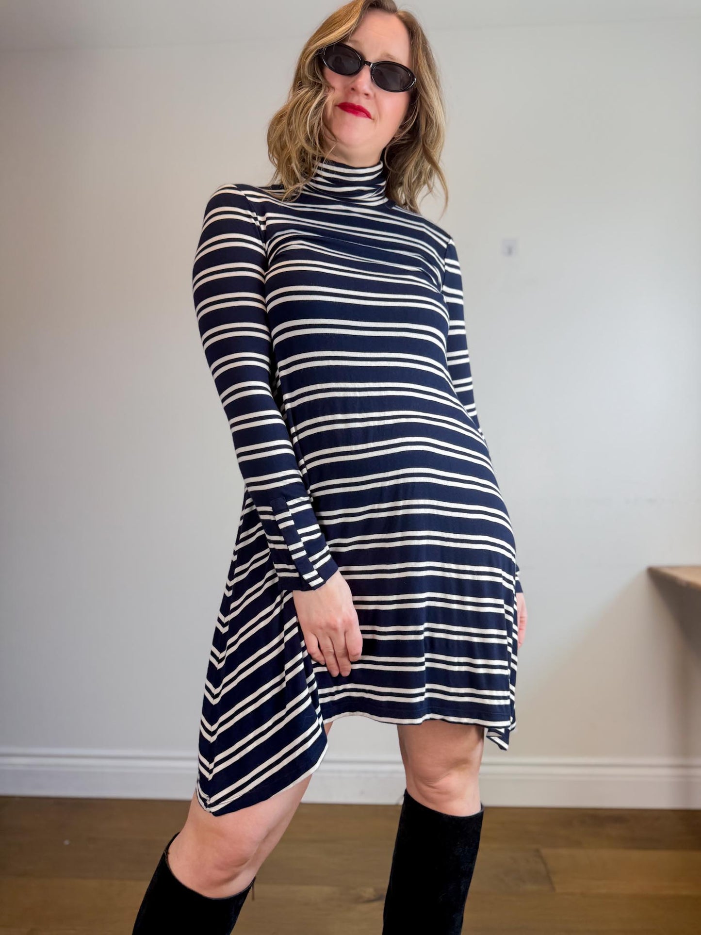 Anthropologie Maeve Turtleneck Swing Dress in Blue/White Stripe (Size M/L)