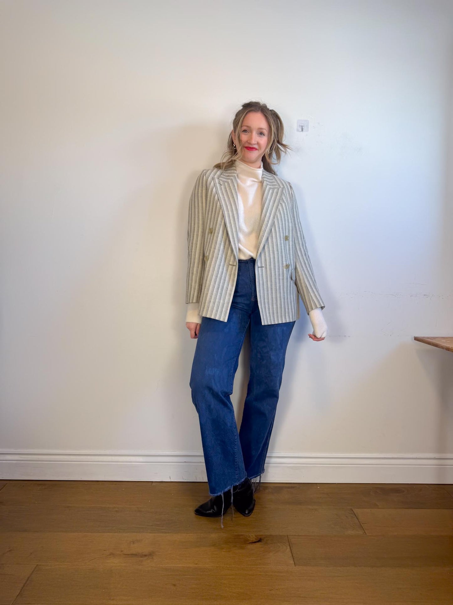 Acne Studios Designer Wool & Cotton Double Breasted Striped Blazer (Size M)