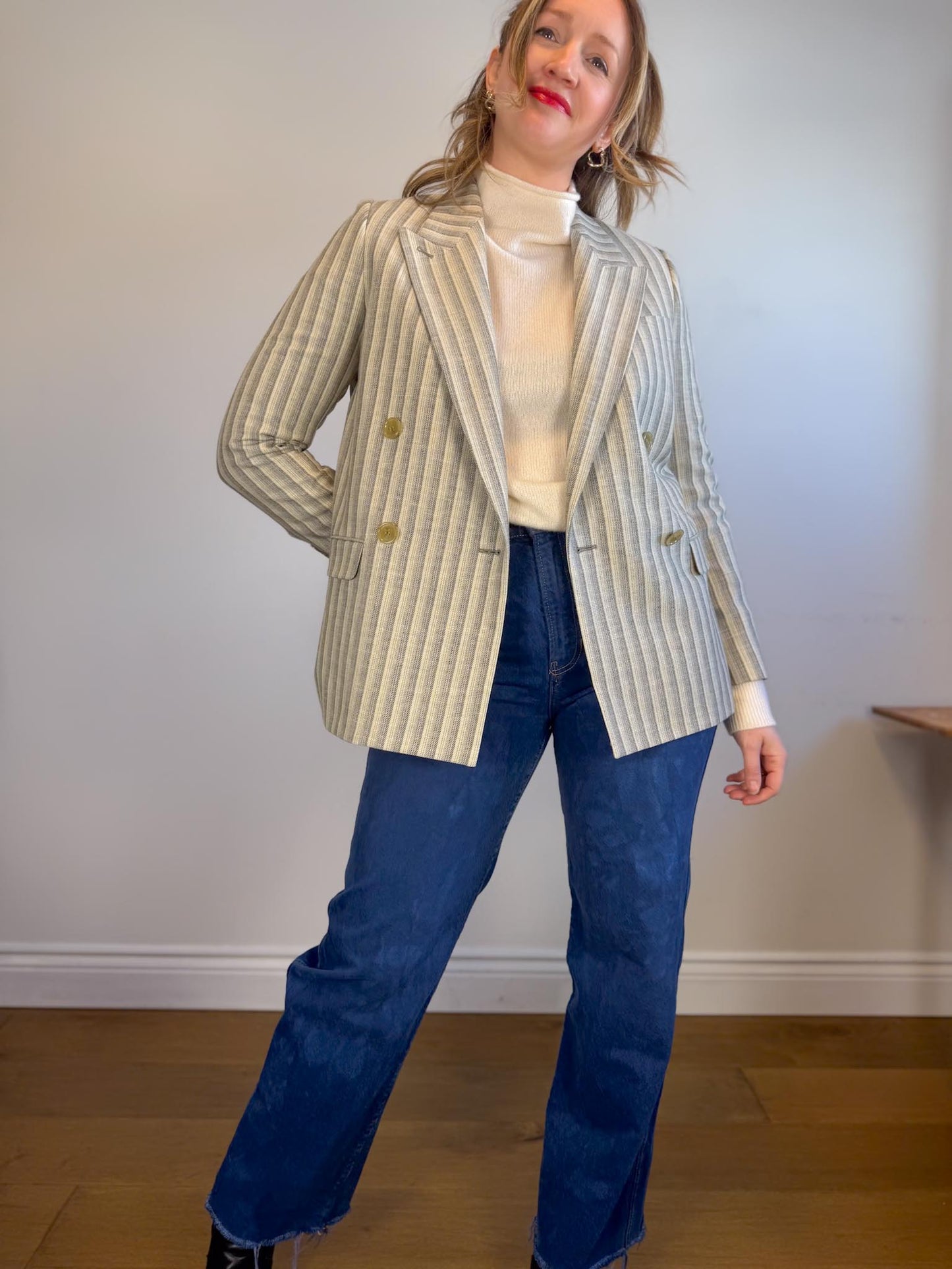 Acne Studios Designer Wool & Cotton Double Breasted Striped Blazer (Size M)