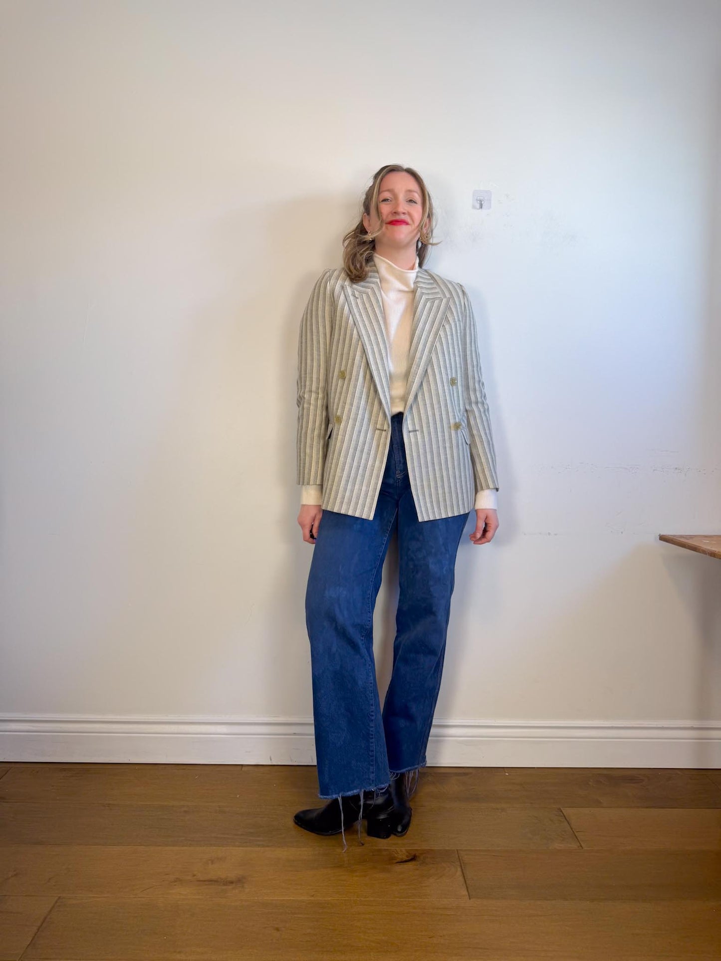 Acne Studios Designer Wool & Cotton Double Breasted Striped Blazer (Size M)