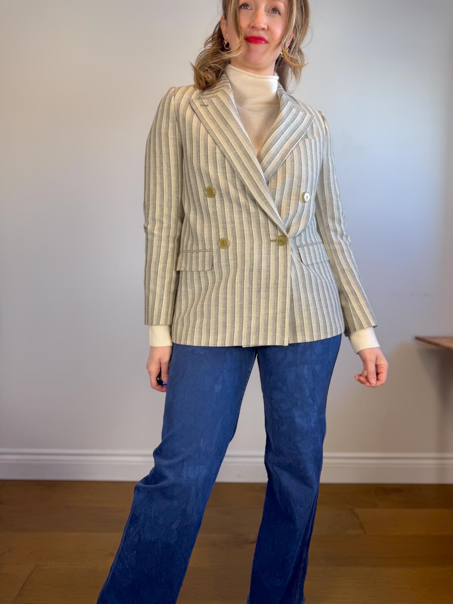 Acne Studios Designer Wool & Cotton Double Breasted Striped Blazer (Size M)