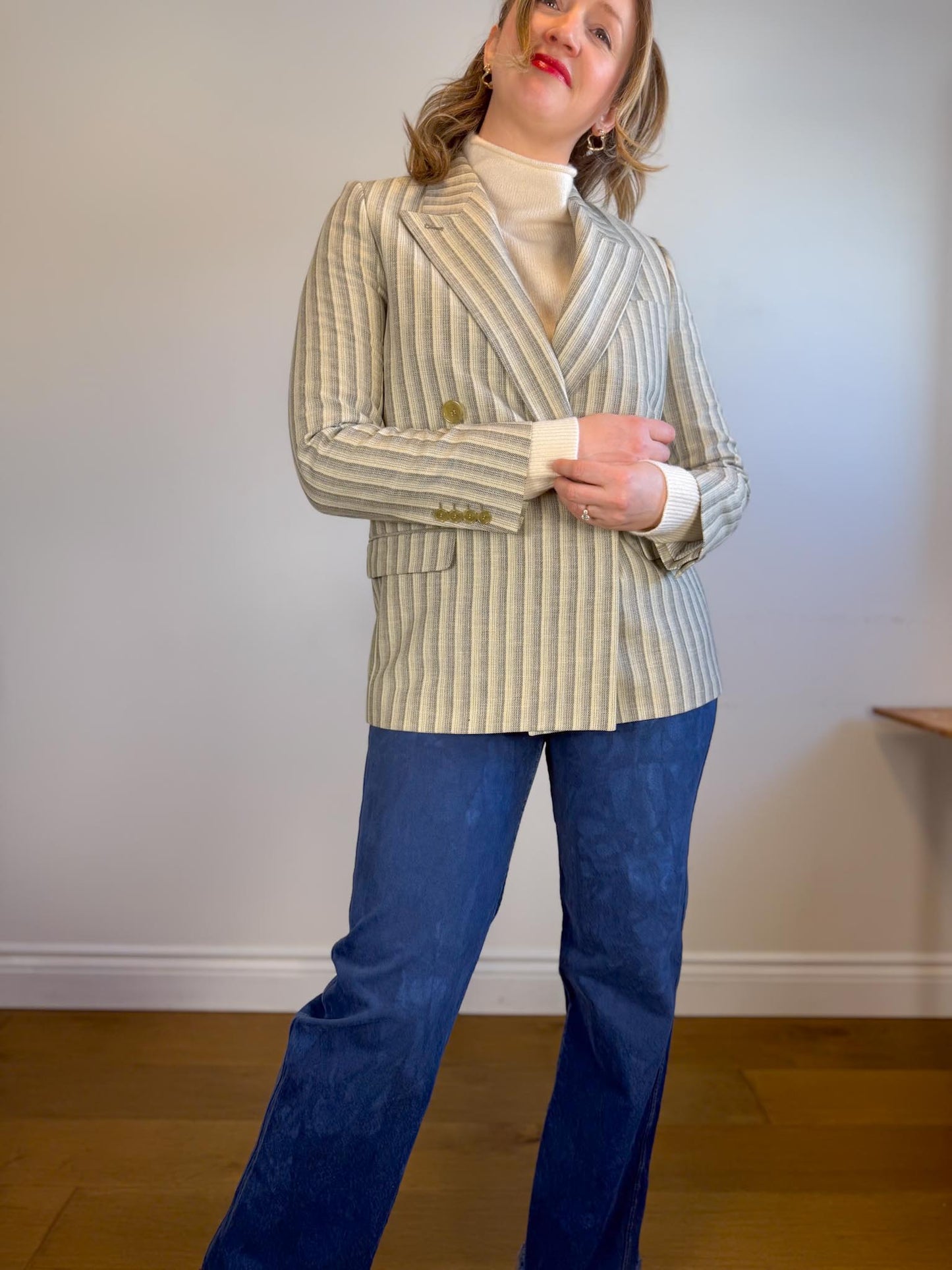 Acne Studios Designer Wool & Cotton Double Breasted Striped Blazer (Size M)