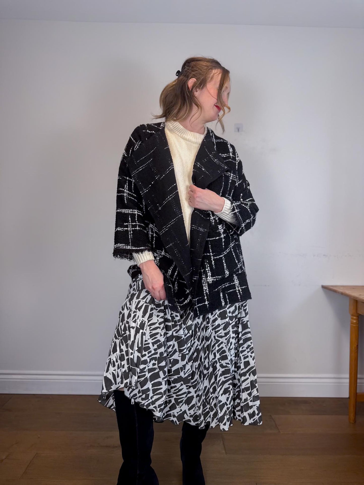 Anthropologie "Maeve Hildi Pleated Midi Skirt in Black/White Print" (Size S/M)