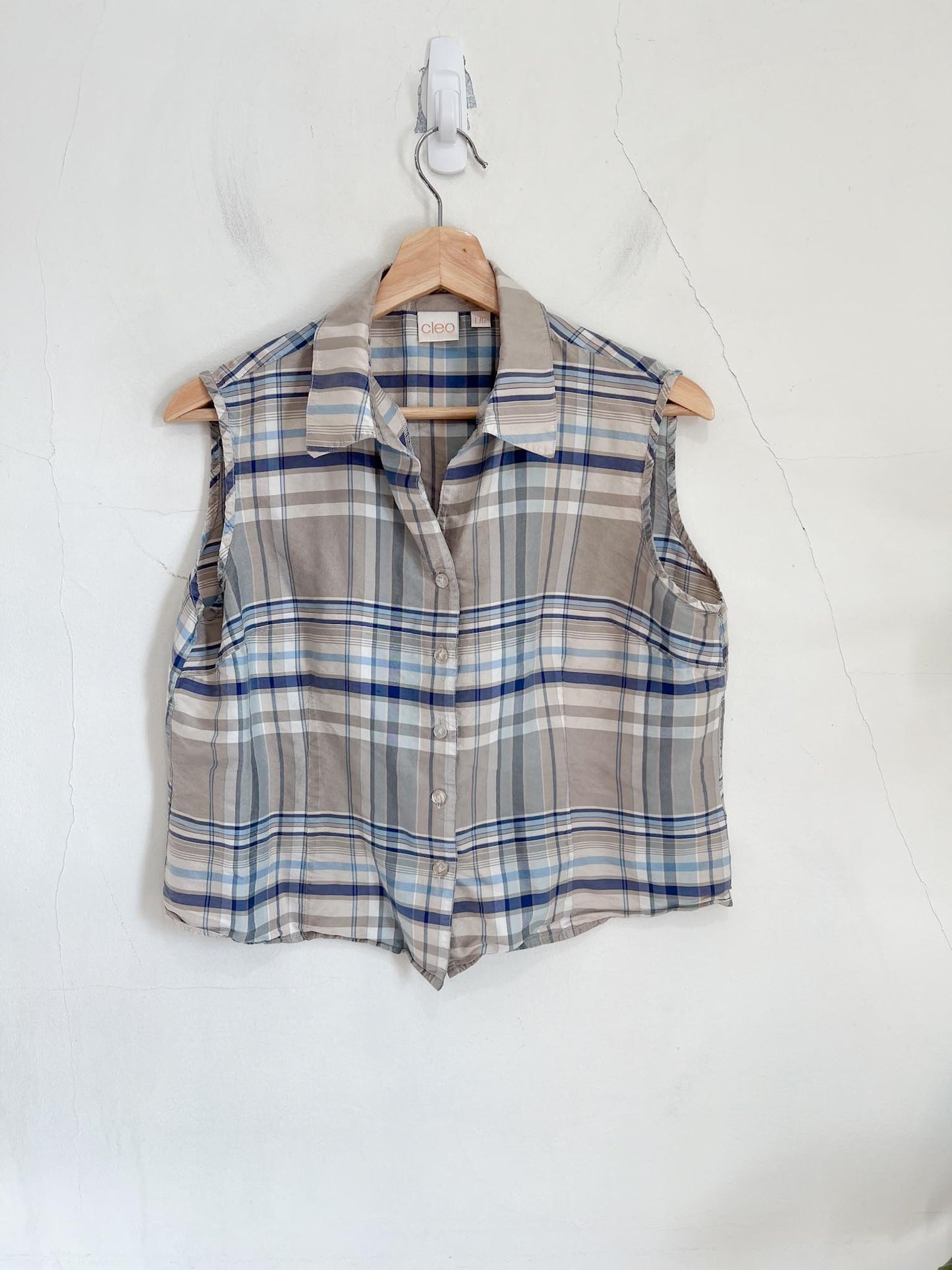 Vintage Silk Plaid Sleeveless Blouse (Size L)