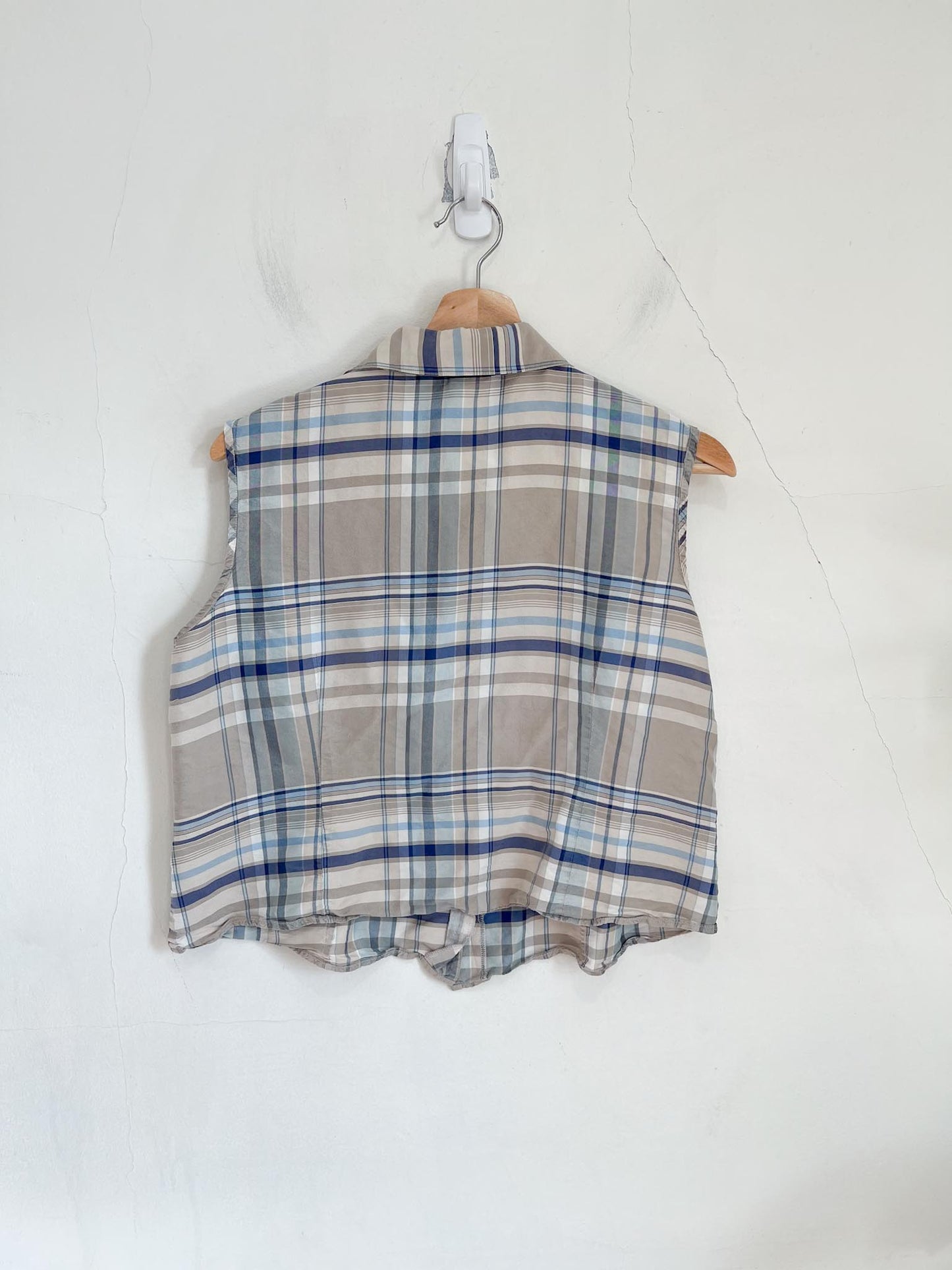 Vintage Silk Plaid Sleeveless Blouse (Size L)