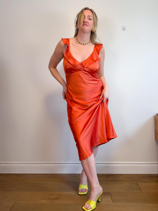 Lost + Wonder Ruffled Satin Midi Dress in Orange (Size L)