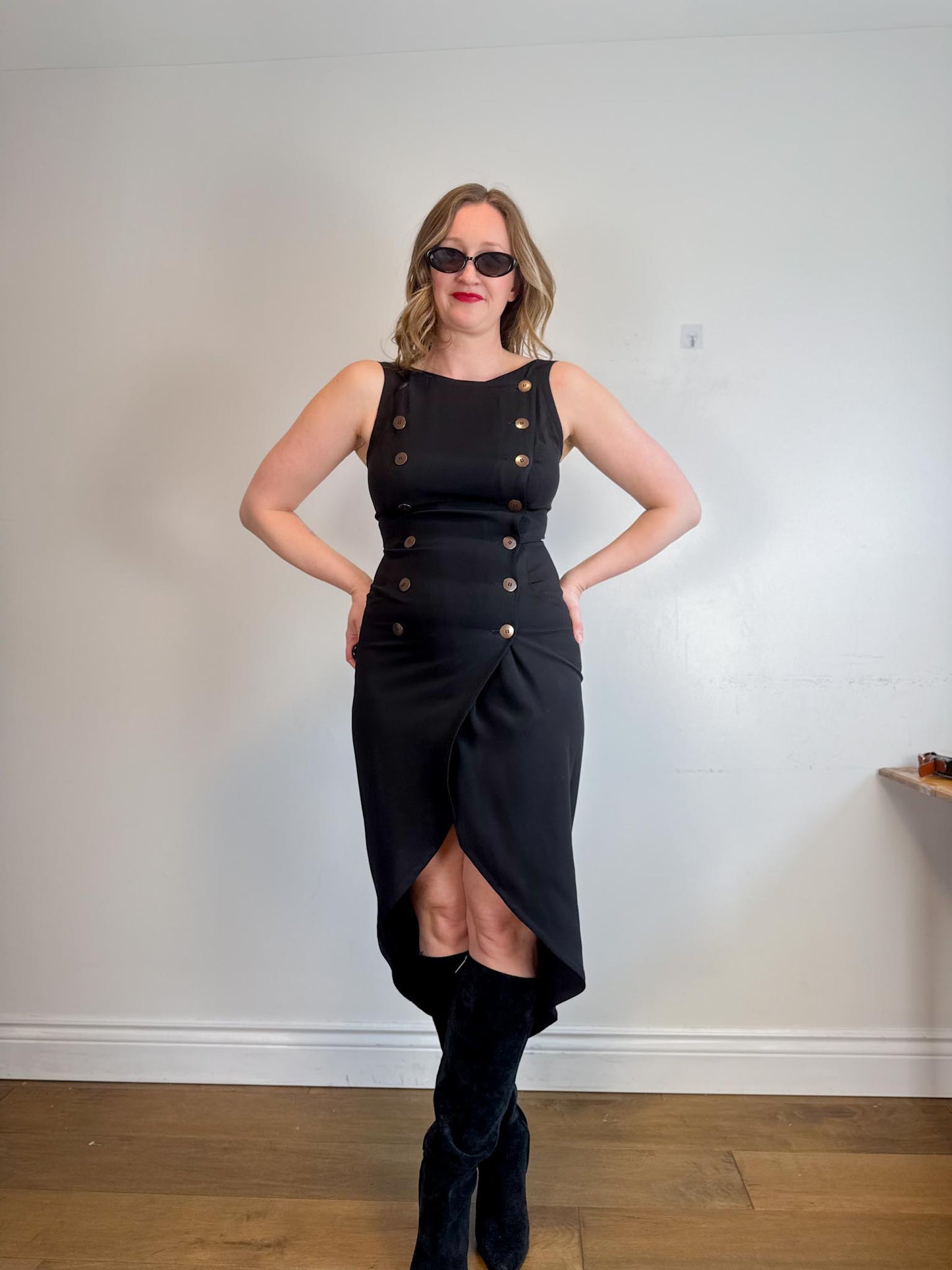 Vintage 1980s OZBEK Fitted Button Dress in Black SOLD AS IS(Size M)