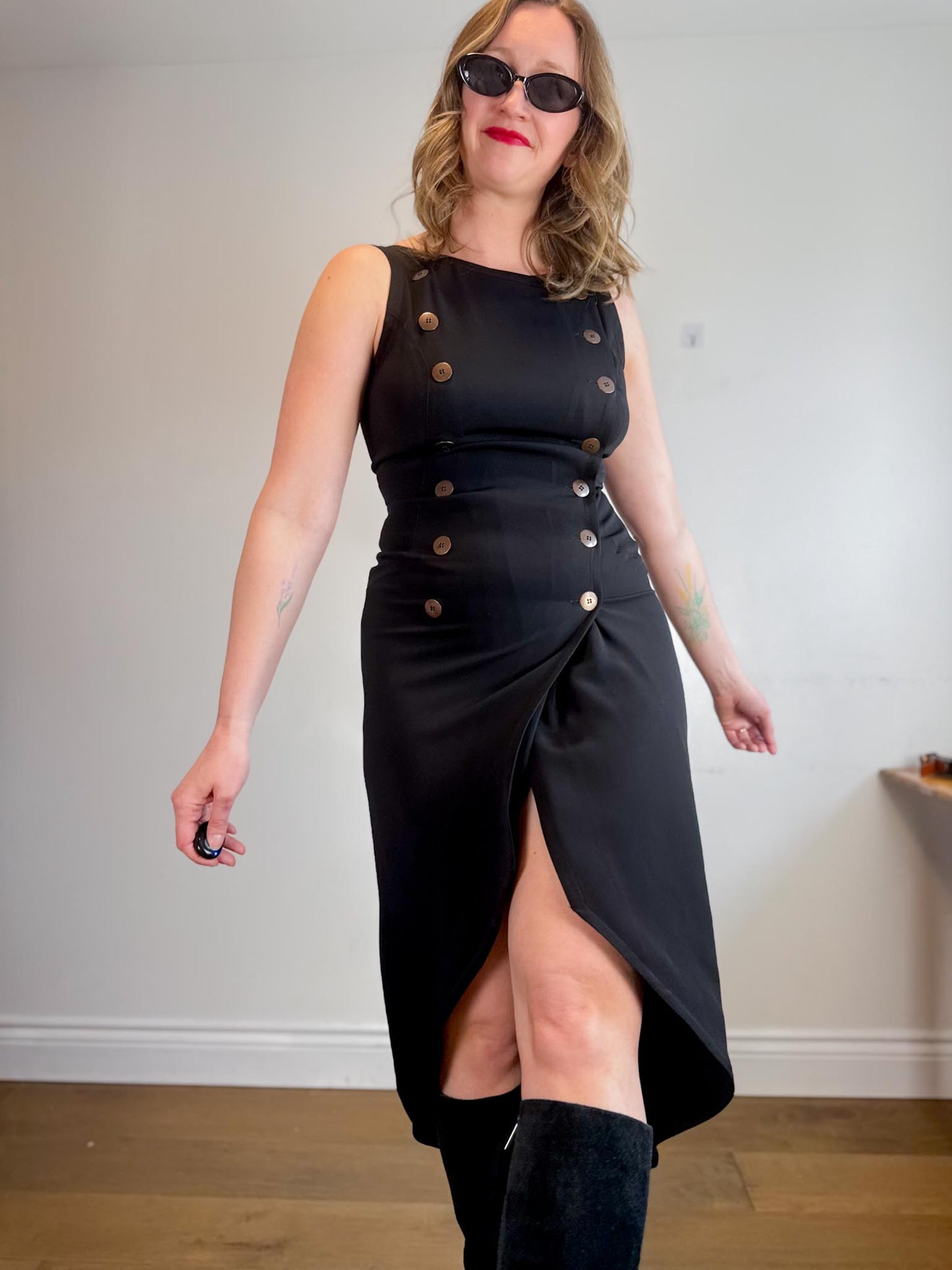 Vintage 1980s OZBEK Fitted Button Dress in Black SOLD AS IS(Size M)