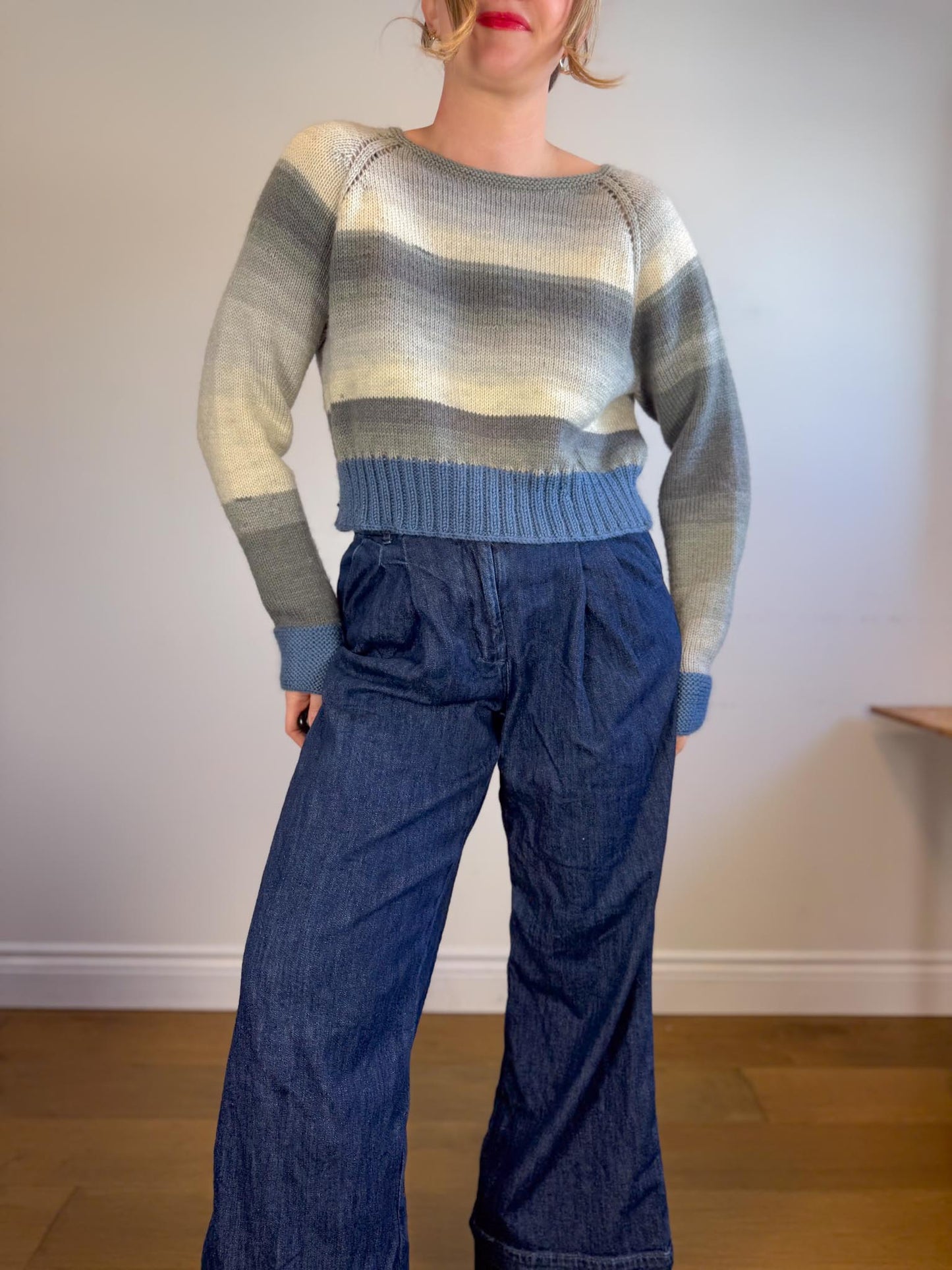 Handmade Knit Sweater in Blue/Grey (Size M)