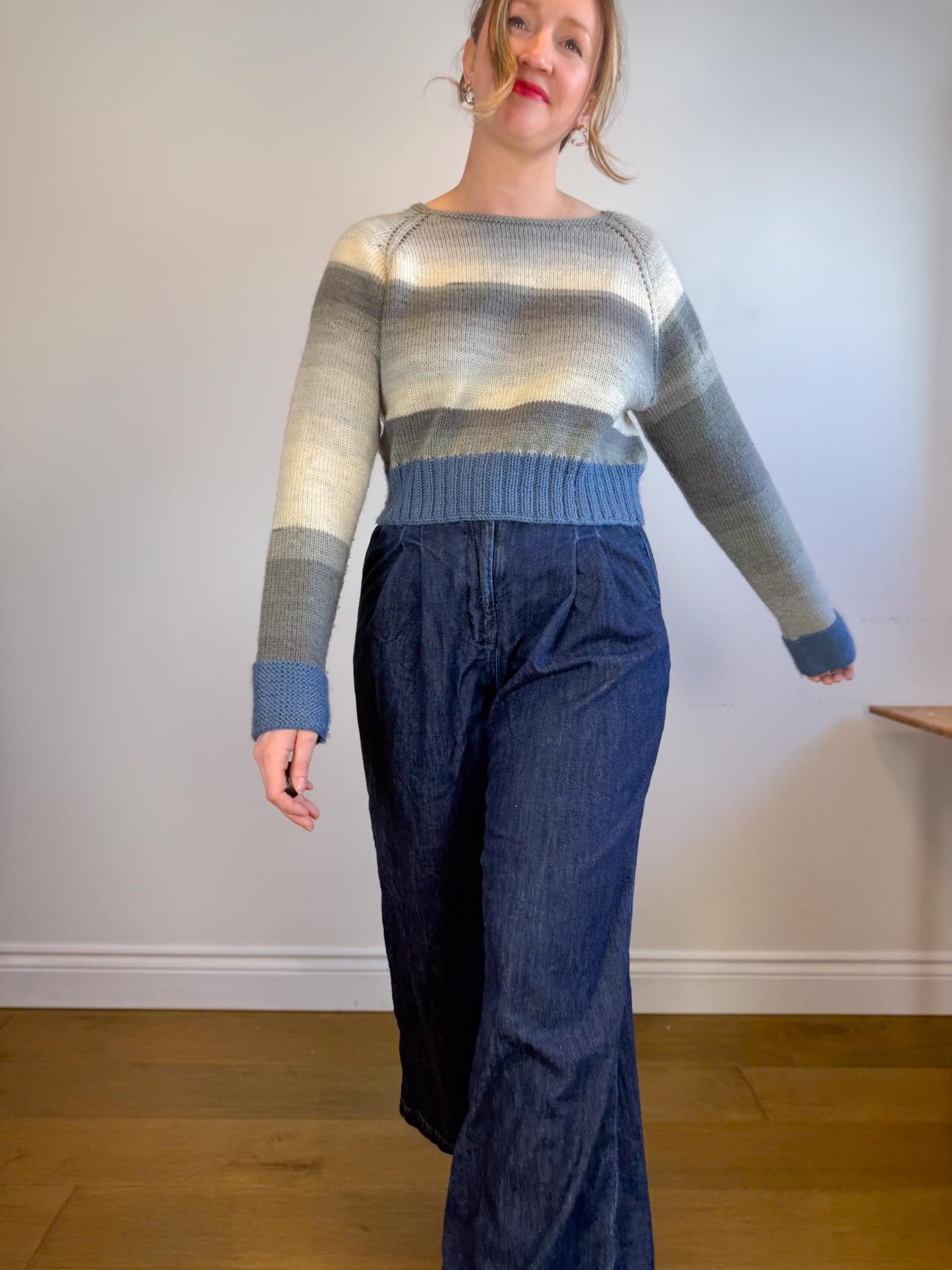 Handmade Knit Sweater in Blue/Grey (Size M)