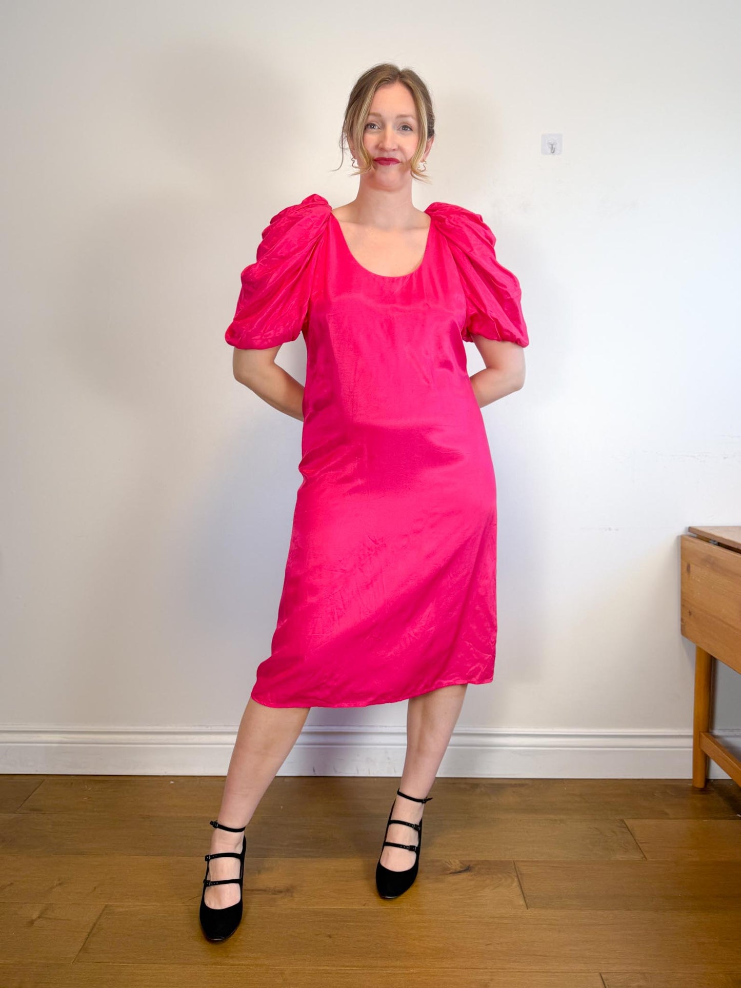 Hudson North Puff Sleeve Midi Dress in Hot Pink NWT (Size L)