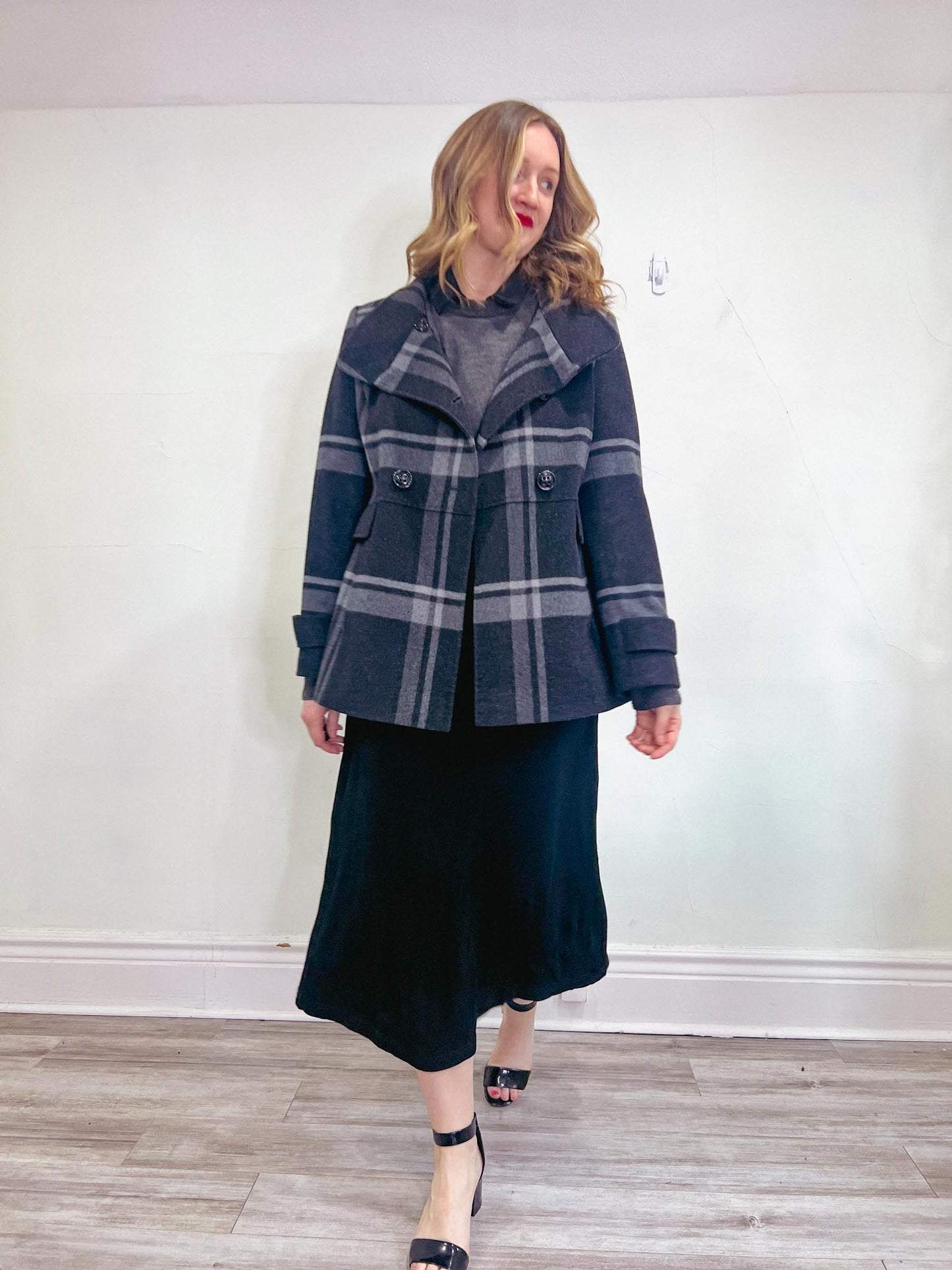 CINZIA ROCCA due Wool & Cashmere Coat in Charcoal Plaid (Size 12)