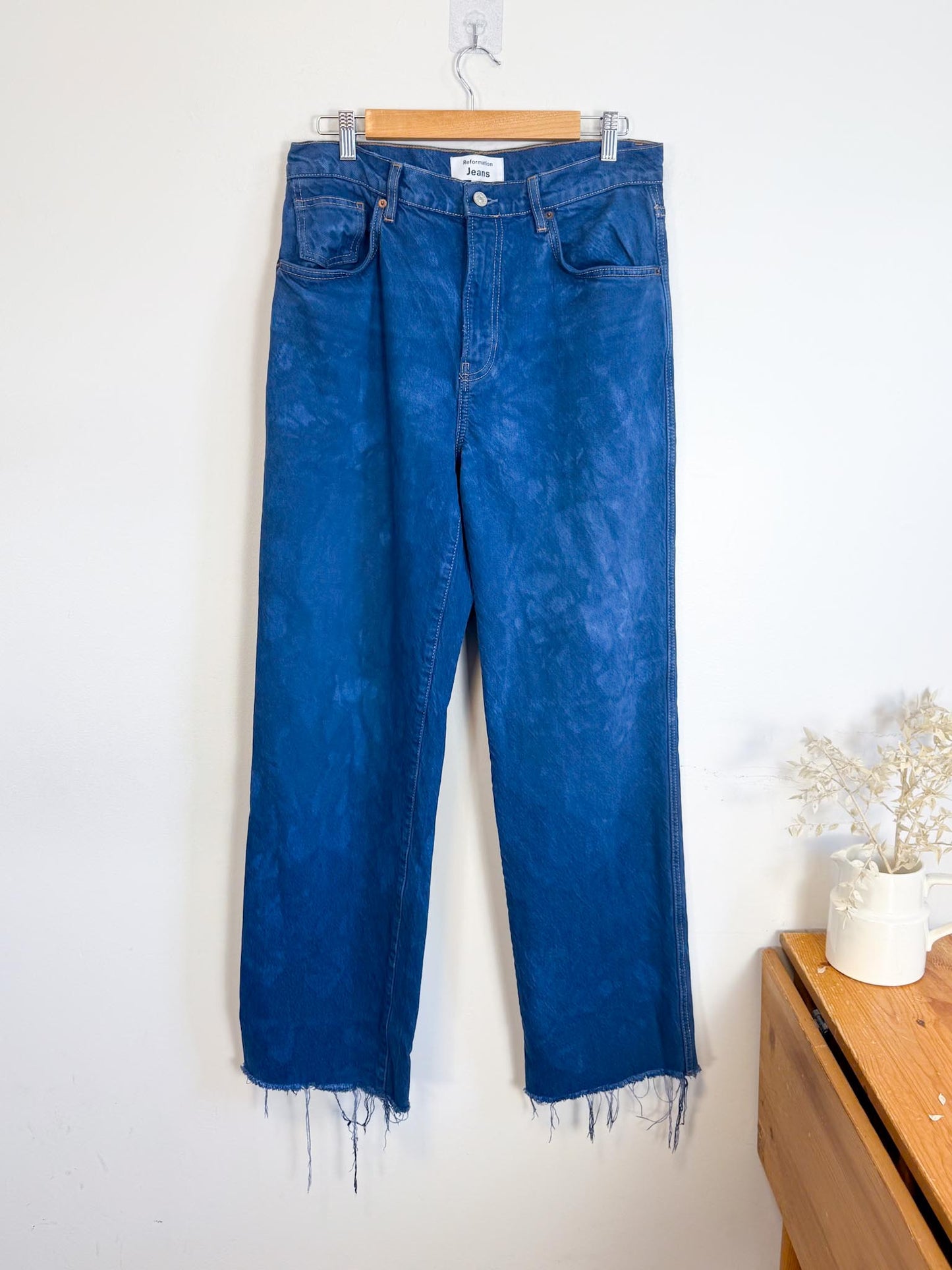 Reformation "Val 90s Mid Rise Straight Jeans in Tie Dye Blue" (Size 29)