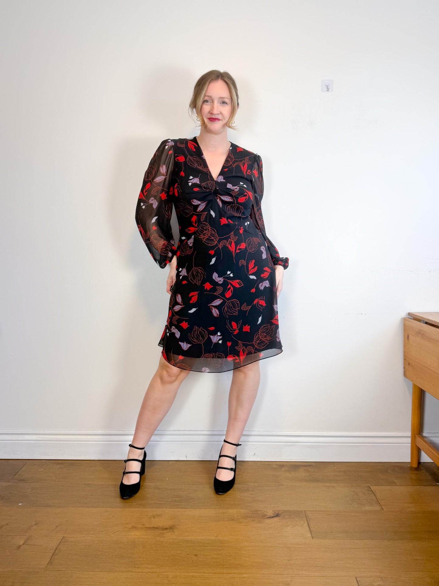 Diane Von Furstenberg "Kala Chiffon Long Sleeve Flare Dress in Black/Red Floral" (Size 12)