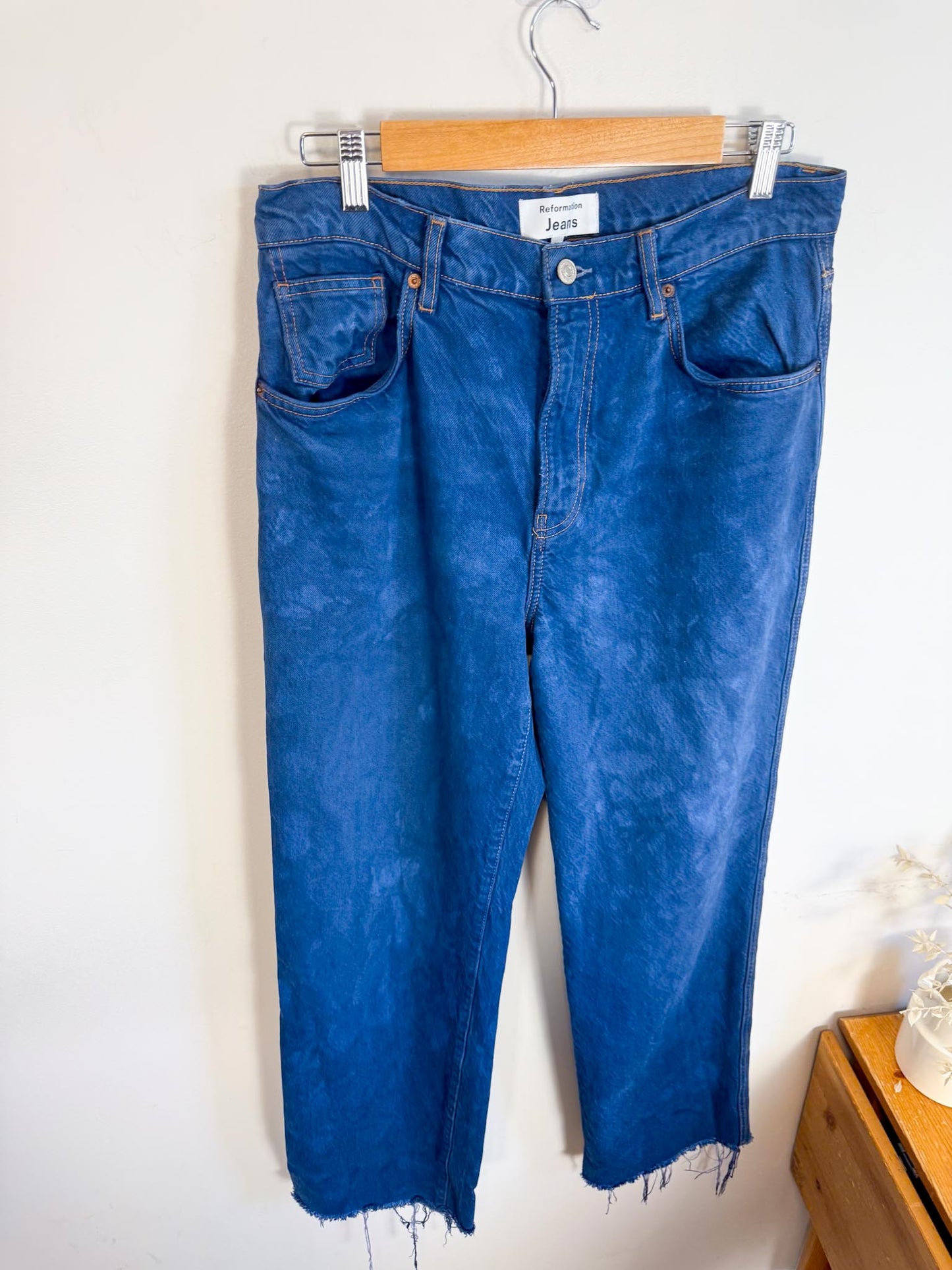 Reformation "Val 90s Mid Rise Straight Jeans in Tie Dye Blue" (Size 29)