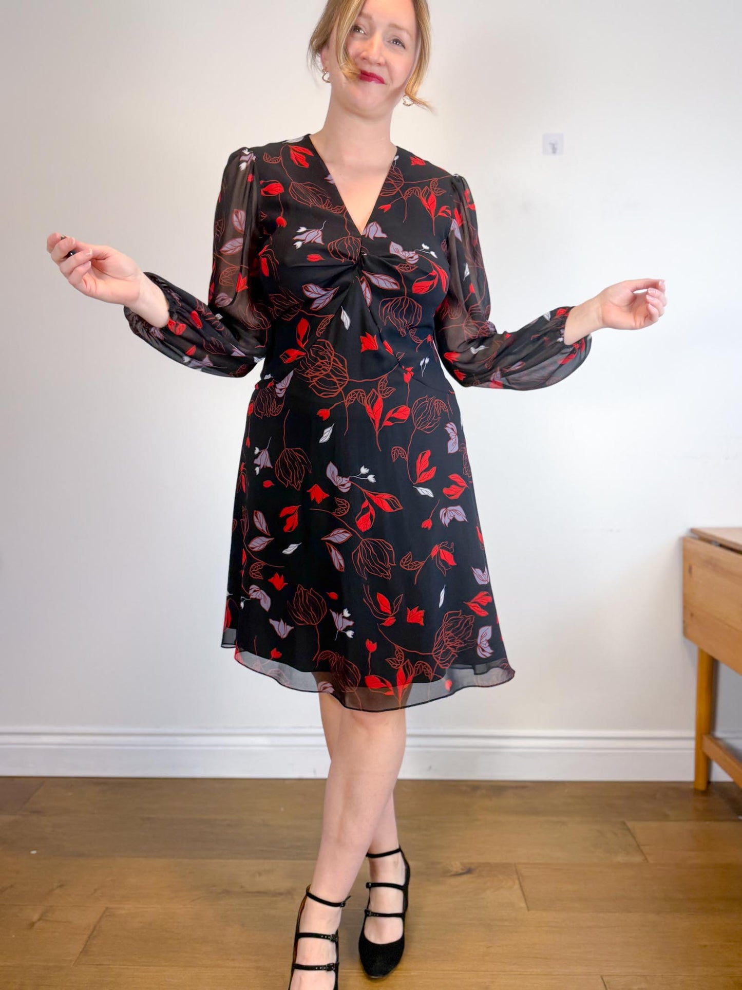 Diane Von Furstenberg "Kala Chiffon Long Sleeve Flare Dress in Black/Red Floral" (Size 12)