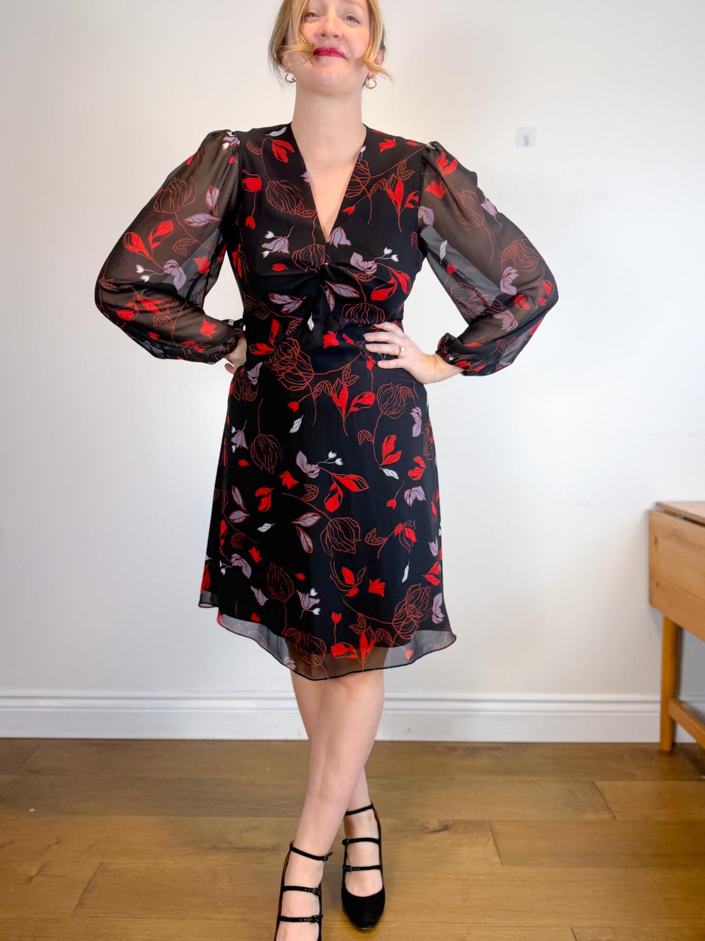 Diane Von Furstenberg "Kala Chiffon Long Sleeve Flare Dress in Black/Red Floral" (Size 12)