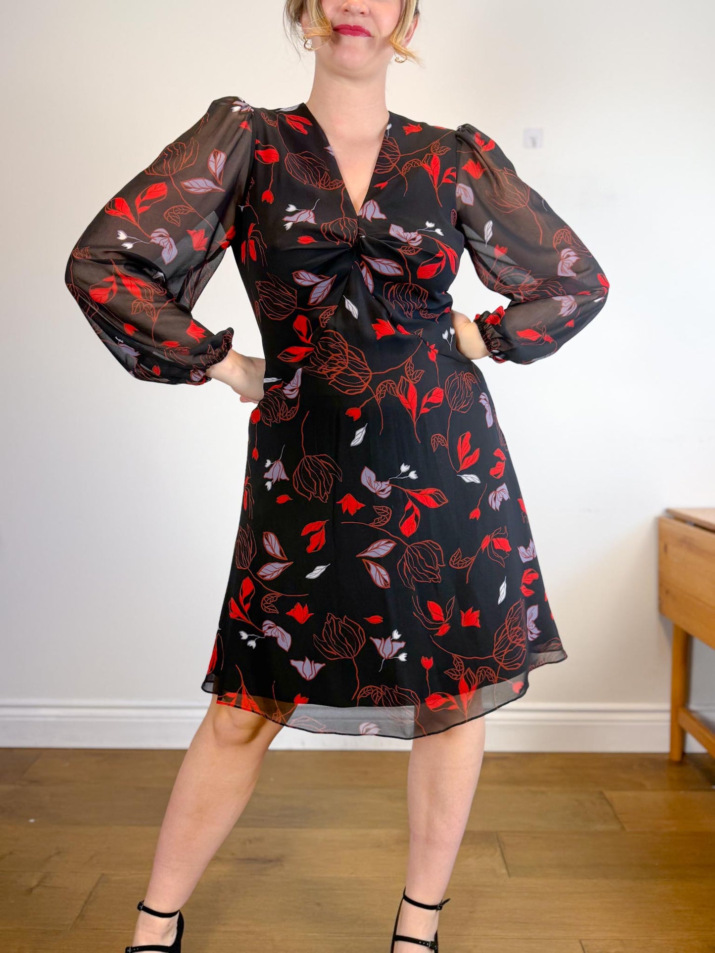 Diane Von Furstenberg "Kala Chiffon Long Sleeve Flare Dress in Black/Red Floral" (Size 12)