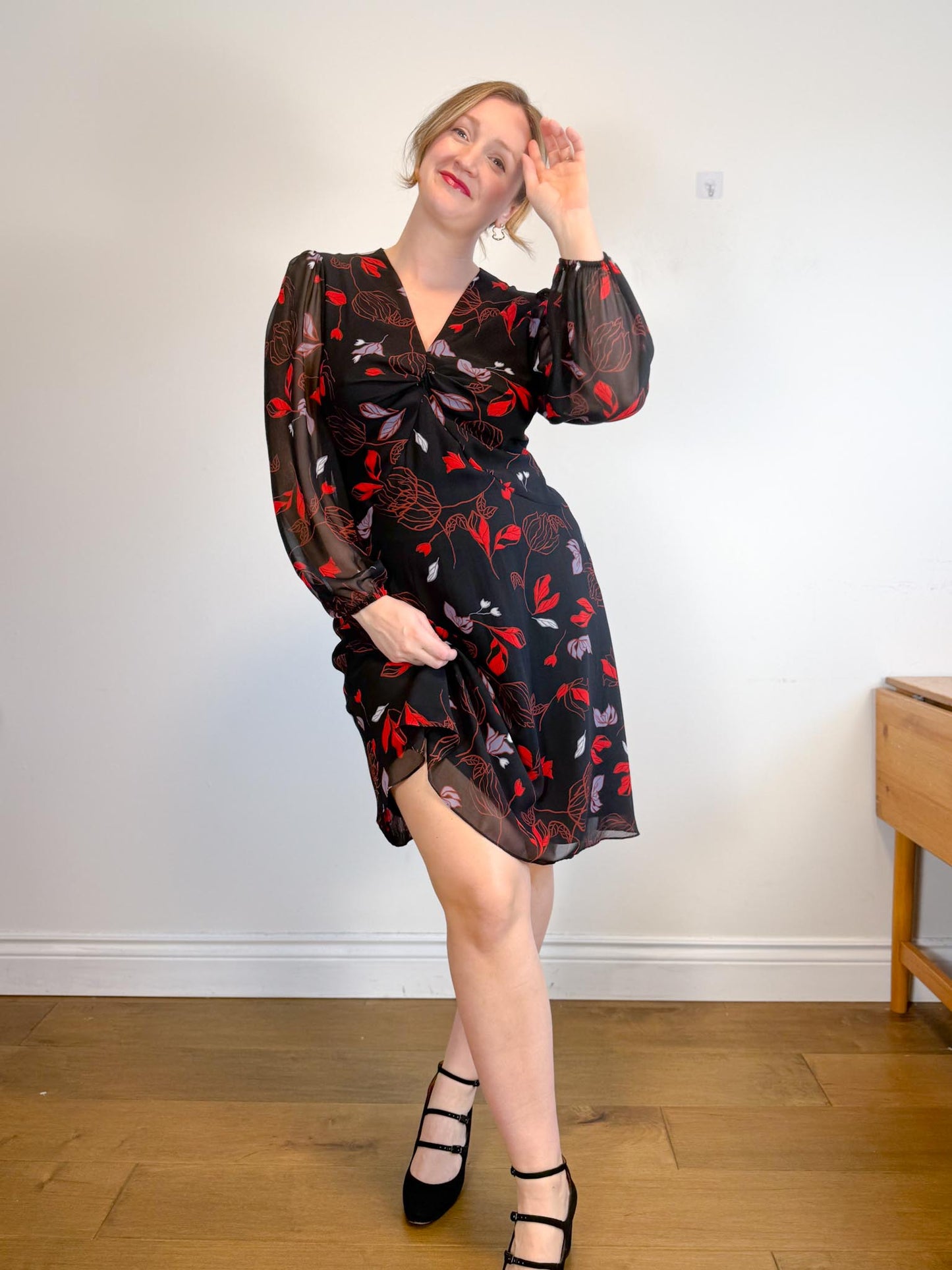 Diane Von Furstenberg "Kala Chiffon Long Sleeve Flare Dress in Black/Red Floral" (Size 12)