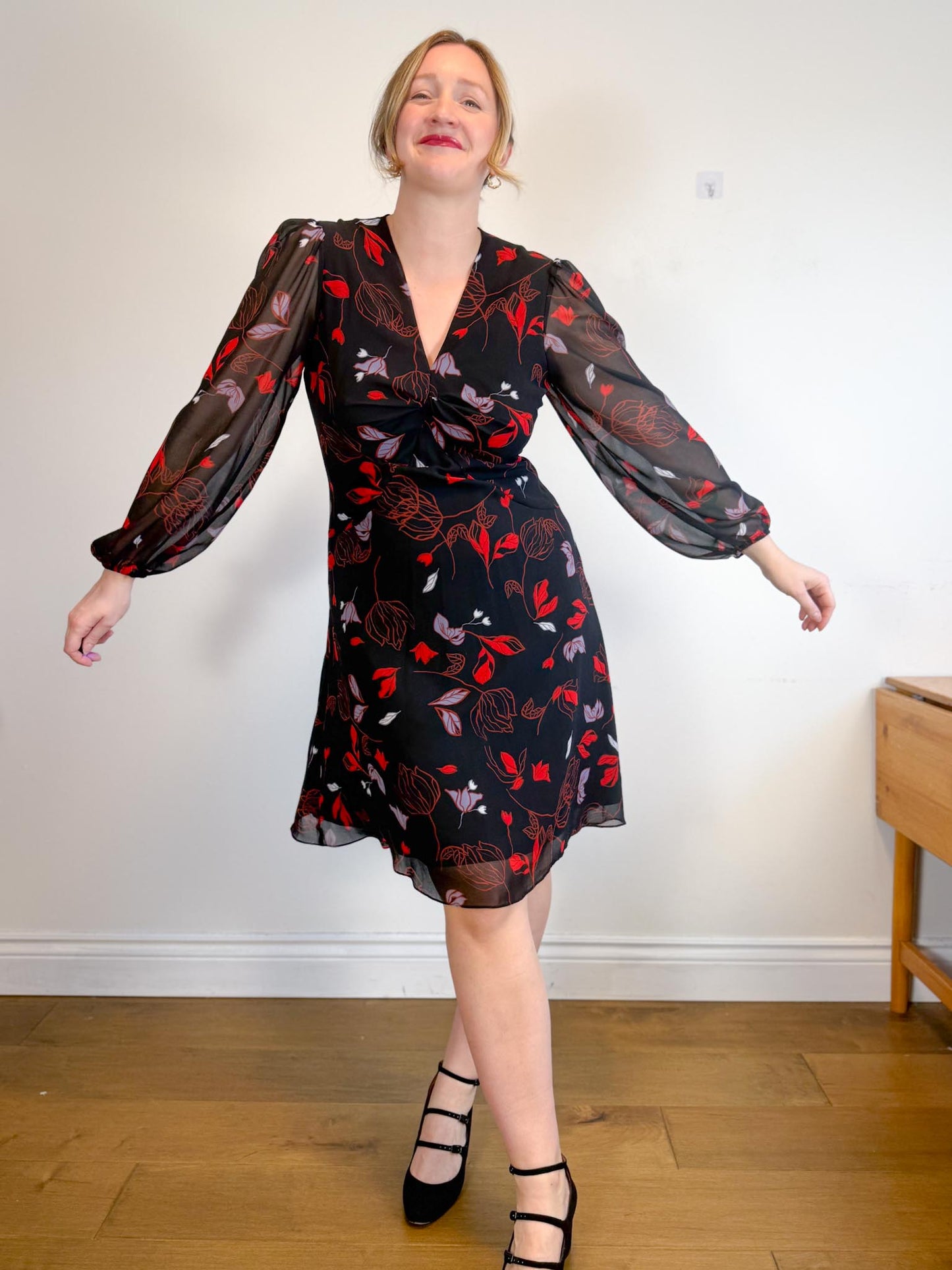 Diane Von Furstenberg "Kala Chiffon Long Sleeve Flare Dress in Black/Red Floral" (Size 12)