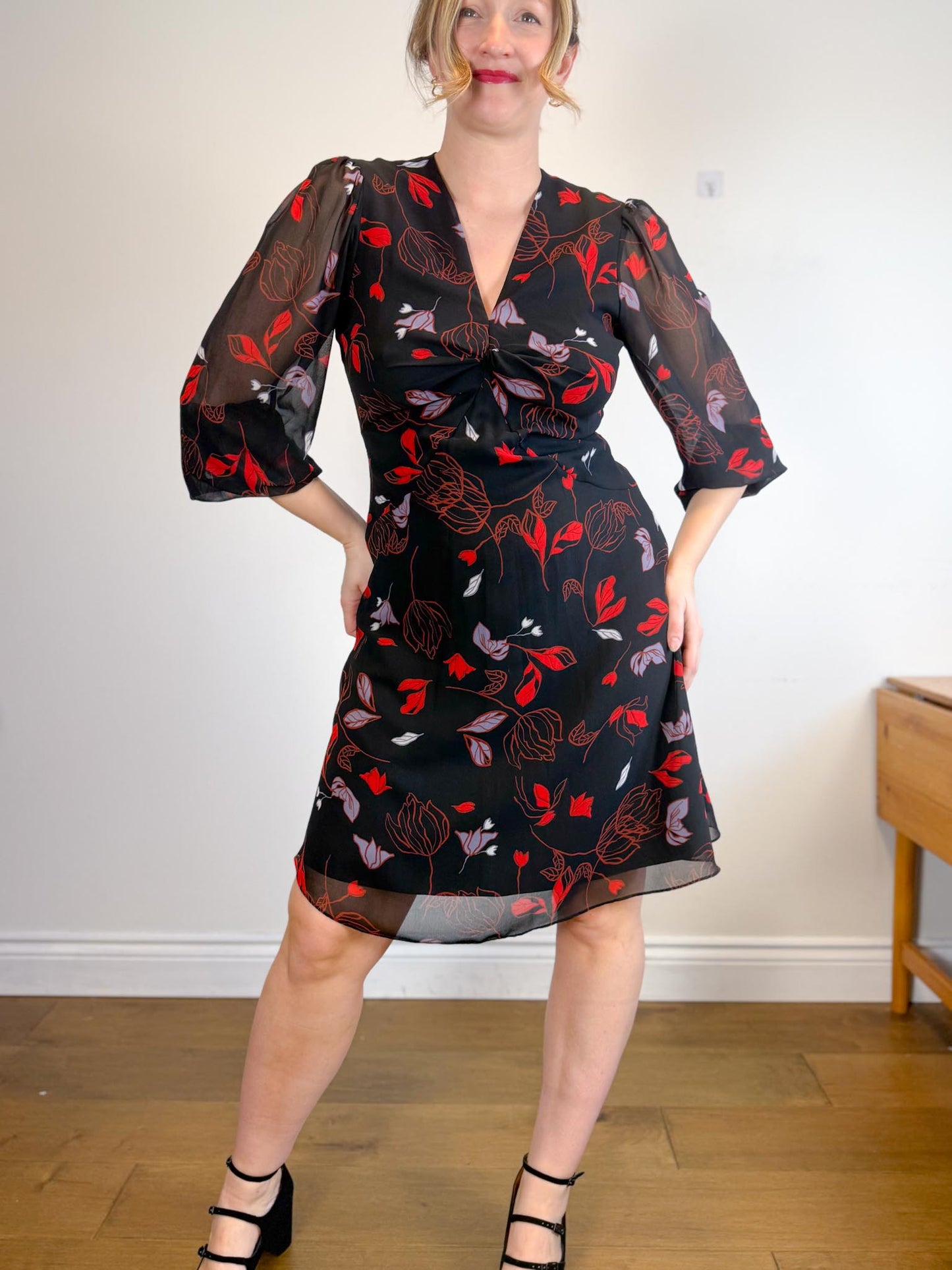 Diane Von Furstenberg "Kala Chiffon Long Sleeve Flare Dress in Black/Red Floral" (Size 12)