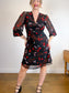 Diane Von Furstenberg "Kala Chiffon Long Sleeve Flare Dress in Black/Red Floral" (Size 12)
