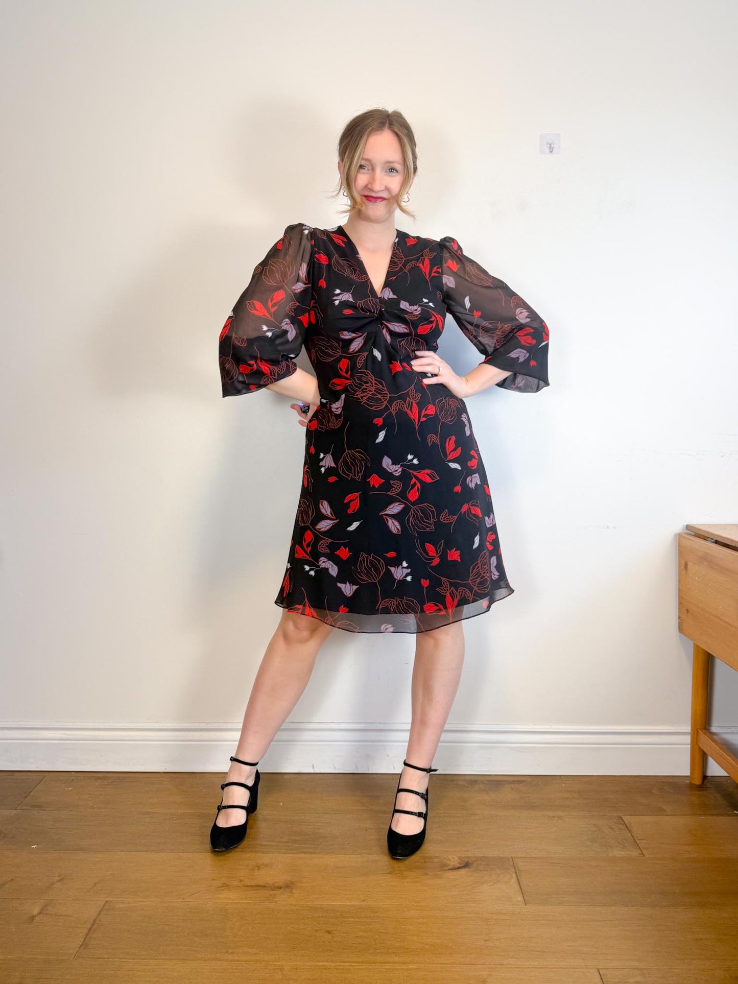 Diane Von Furstenberg "Kala Chiffon Long Sleeve Flare Dress in Black/Red Floral" (Size 12)