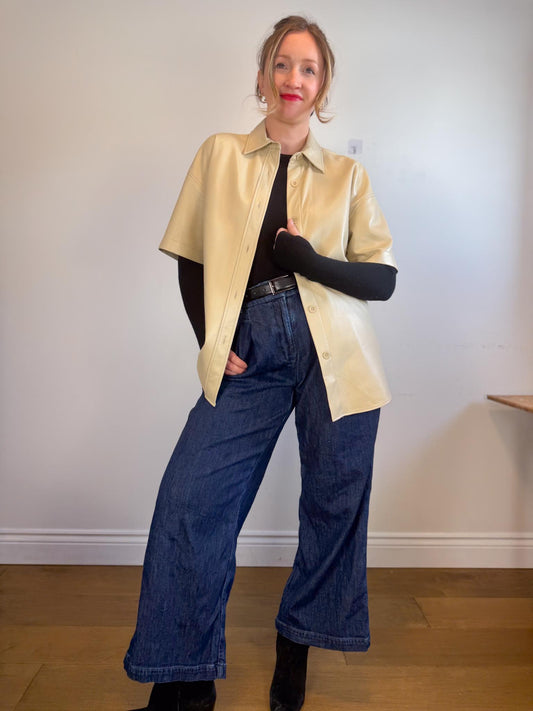 Babaton Frances Faux Leather Shirt in Cream (Size M/L)