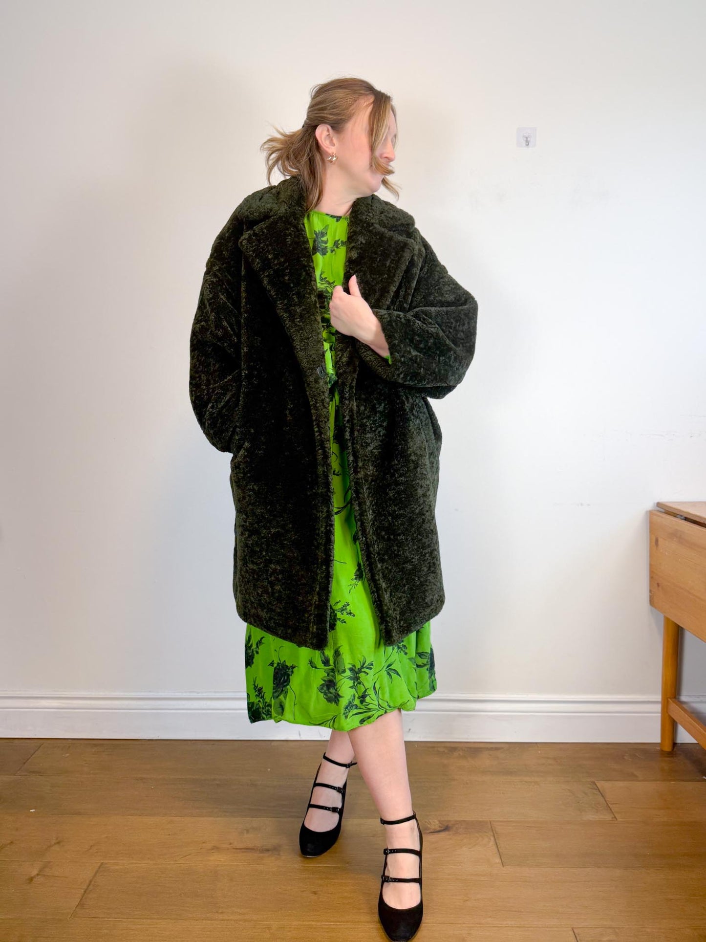 LAUREN VIDAL "Luna Faux Fur Shearling Jacket in Dark Green" (Size M/L)