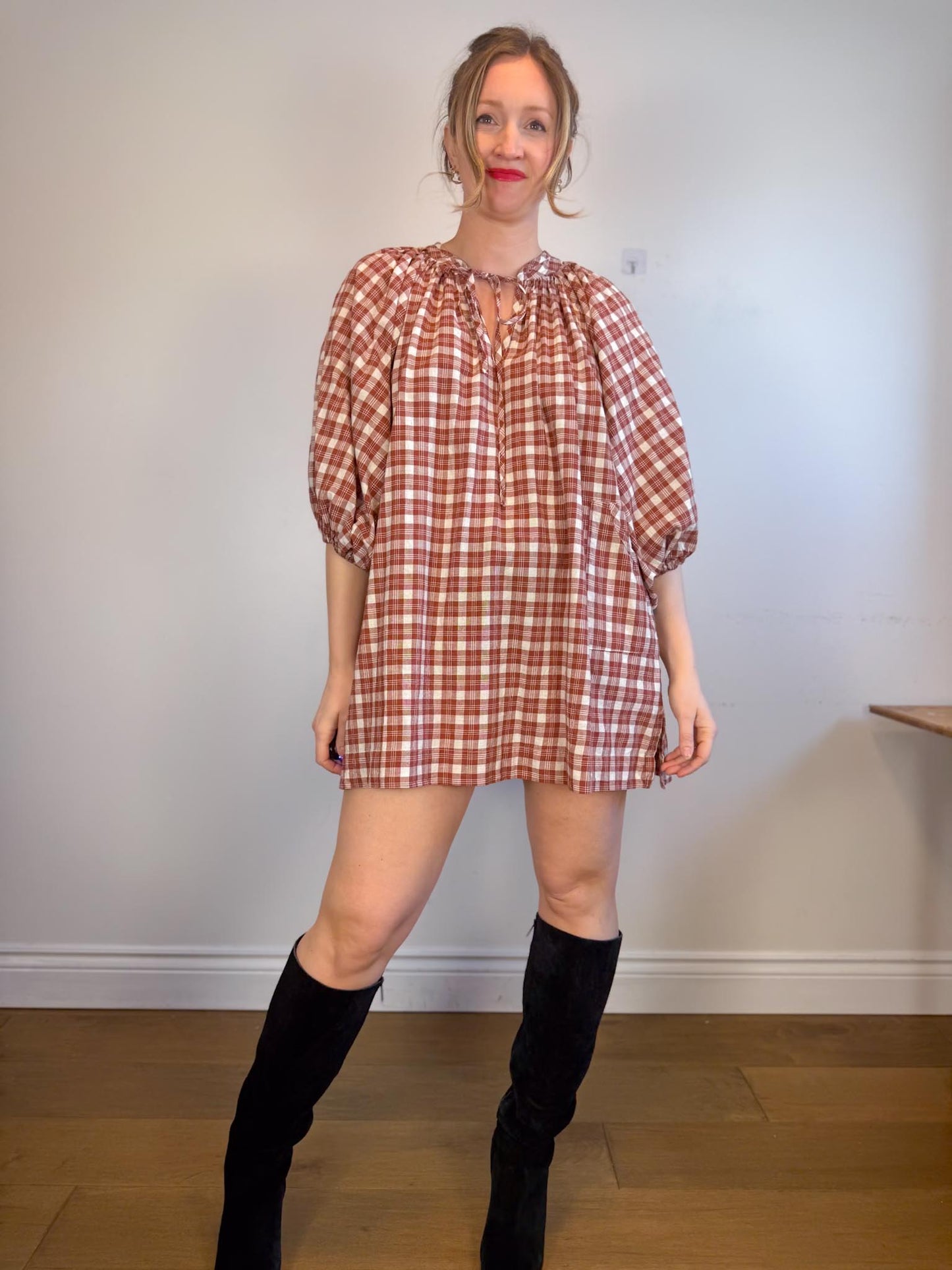 Daughters of India Sustainable "Poet Mini Dress in Red Clay" (Size M/L)