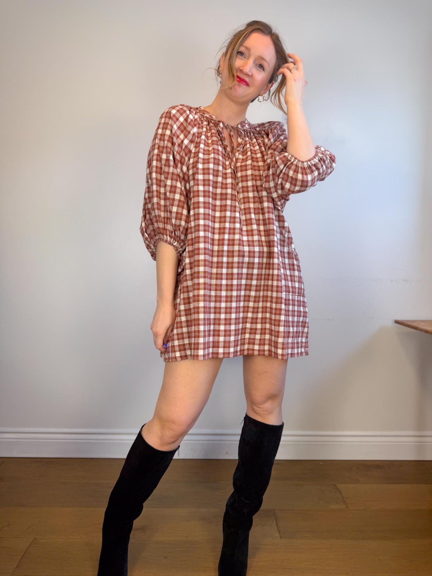 Daughters of India Sustainable "Poet Mini Dress in Red Clay" (Size M/L)