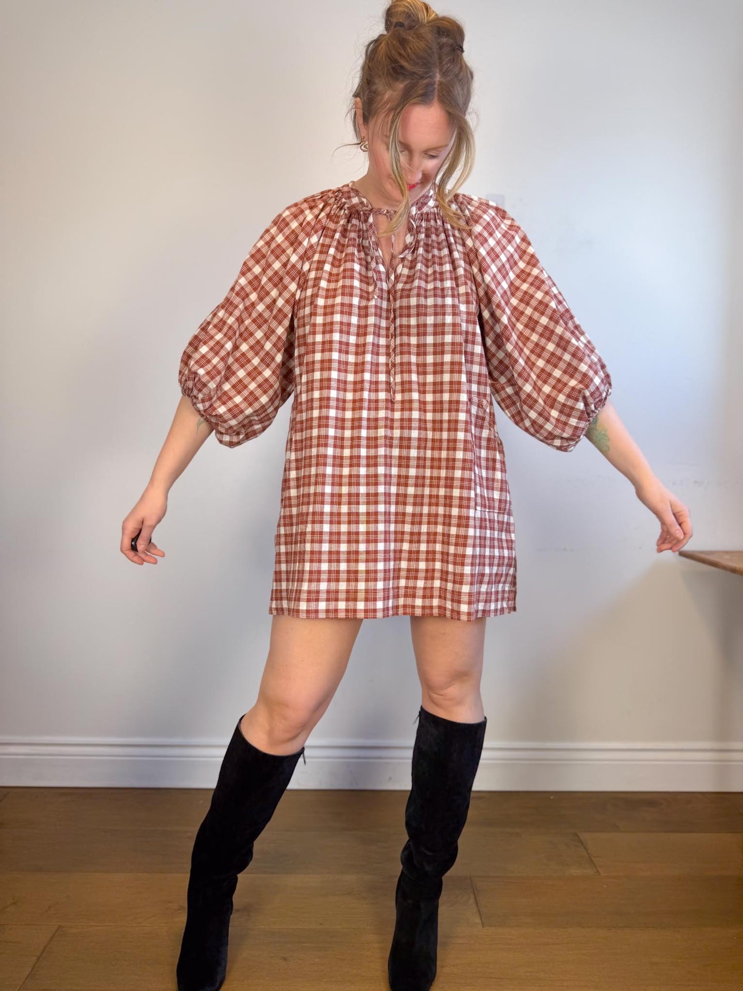 Daughters of India Sustainable "Poet Mini Dress in Red Clay" (Size M/L)