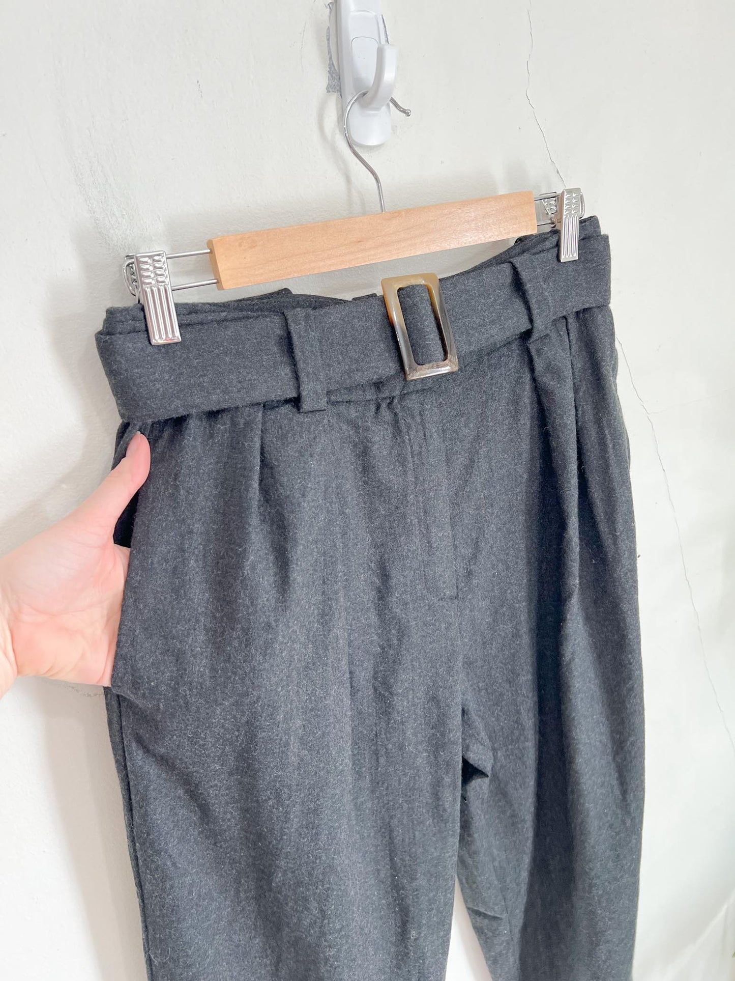 Massimo Dutti Wool Belted Trousers in Charcoal Grey (Size 6)