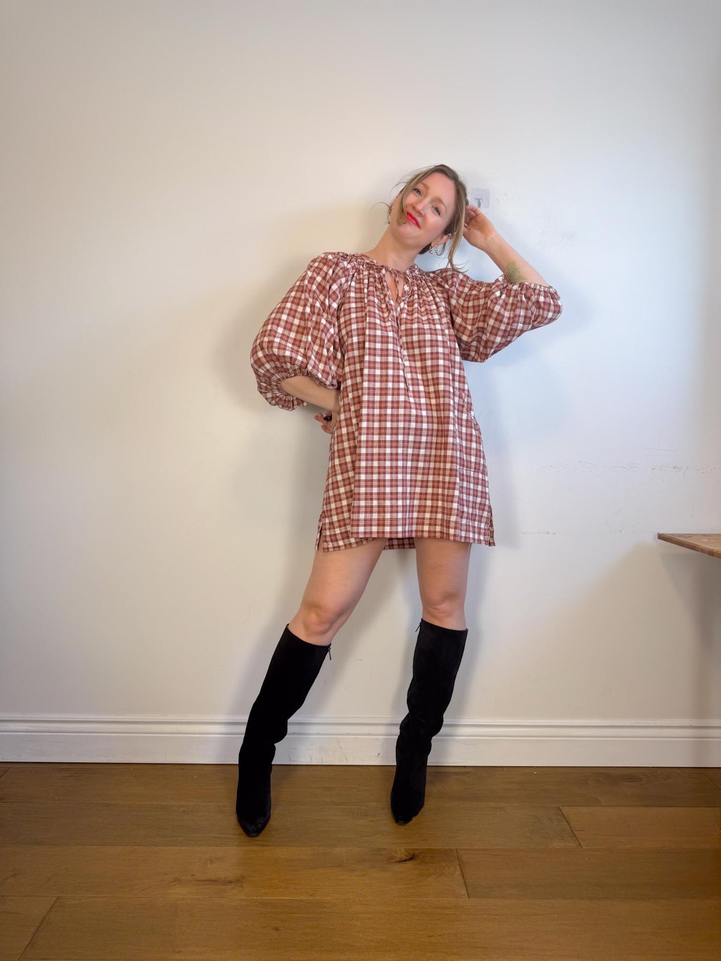 Daughters of India Sustainable "Poet Mini Dress in Red Clay" (Size M/L)