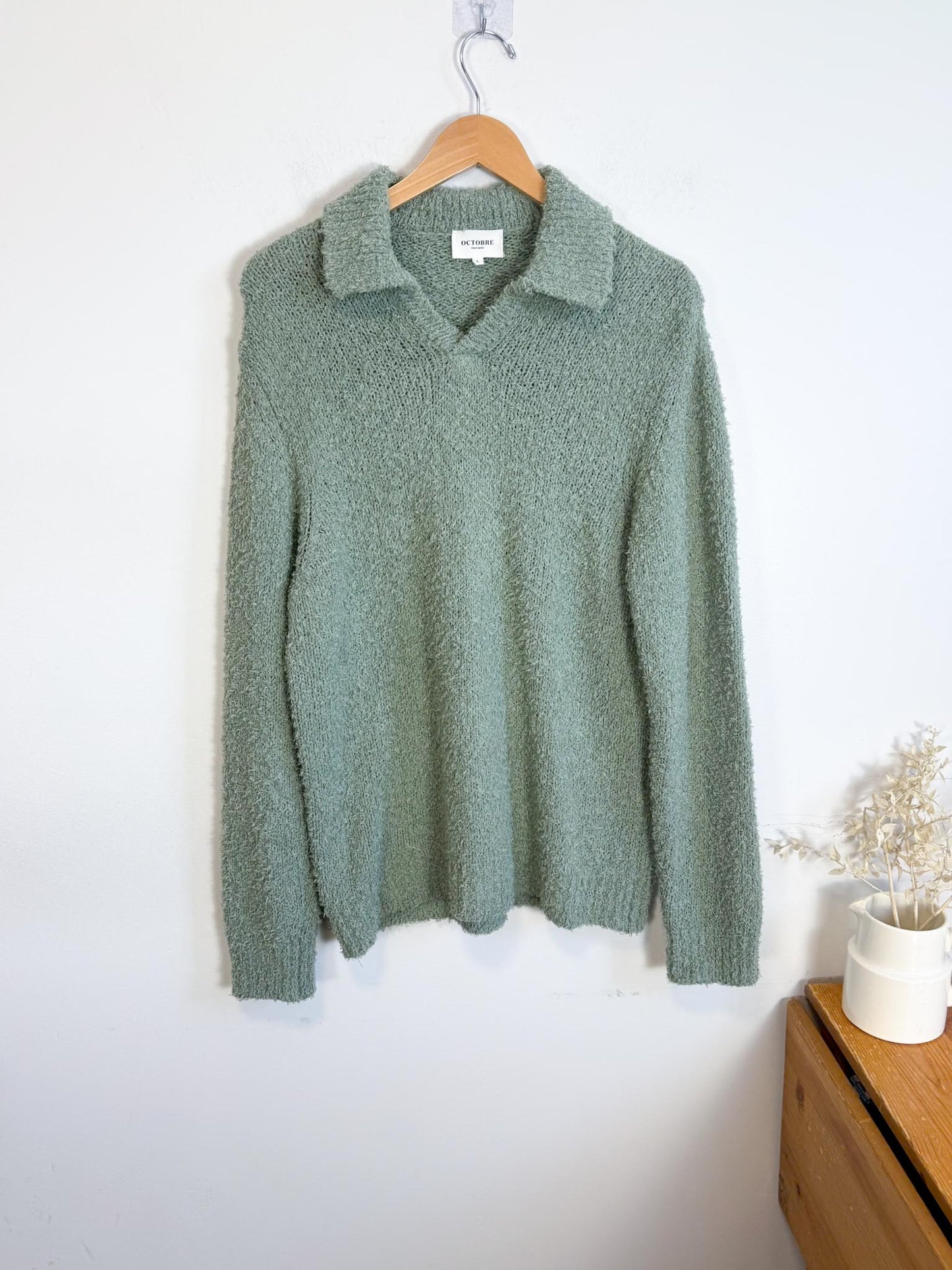 Sezane OCTOBRE Editions Fuzzy Collared Knit in Sea Green (Size L)