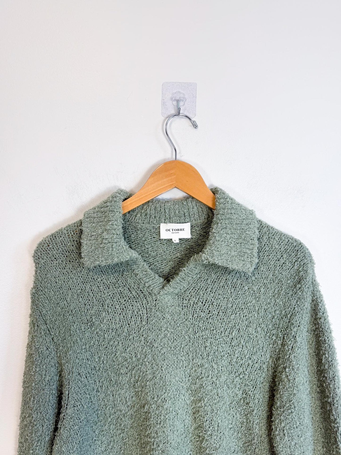 Sezane OCTOBRE Editions Fuzzy Collared Knit in Sea Green (Size L)