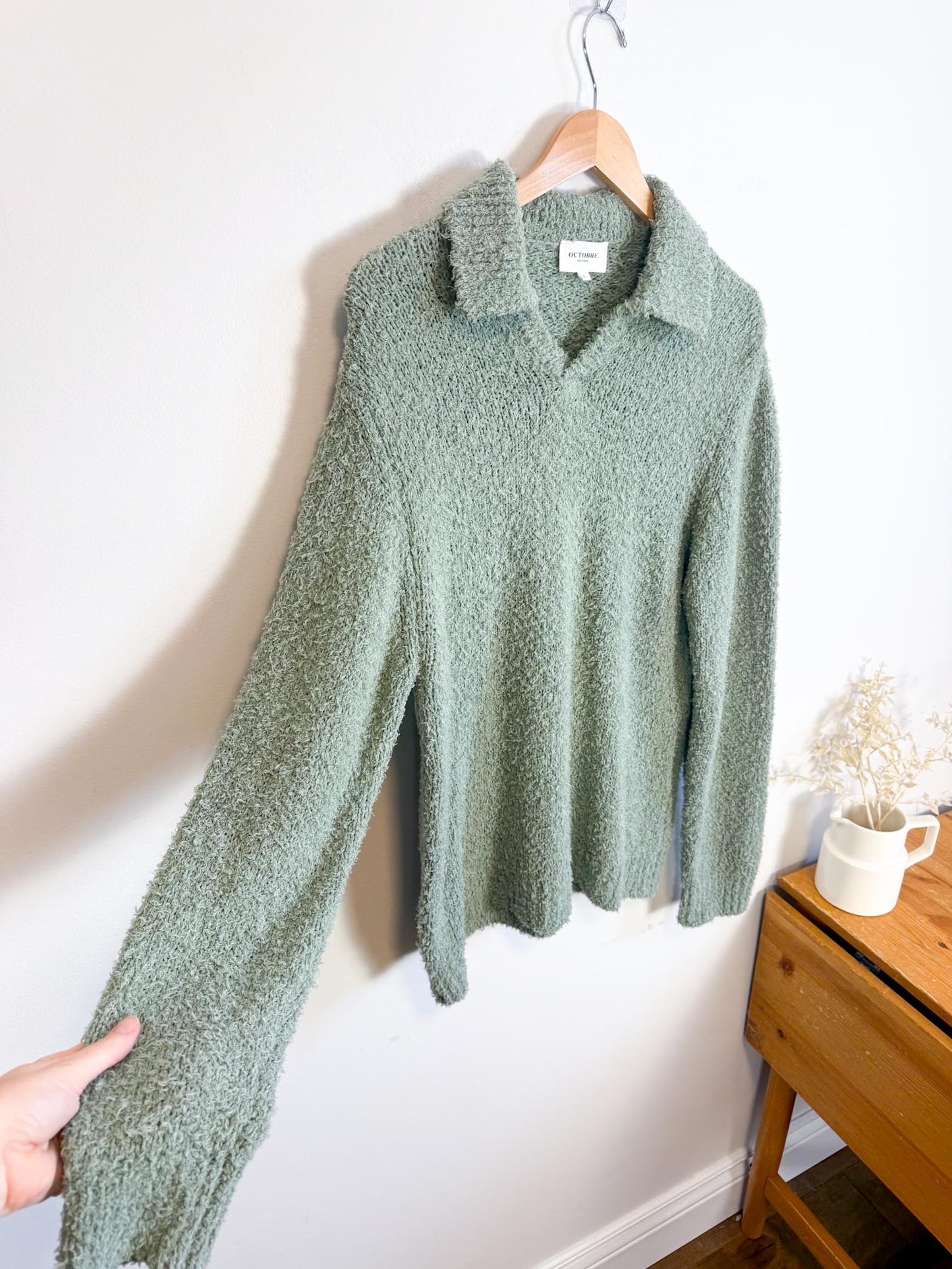 Sezane OCTOBRE Editions Fuzzy Collared Knit in Sea Green (Size L)
