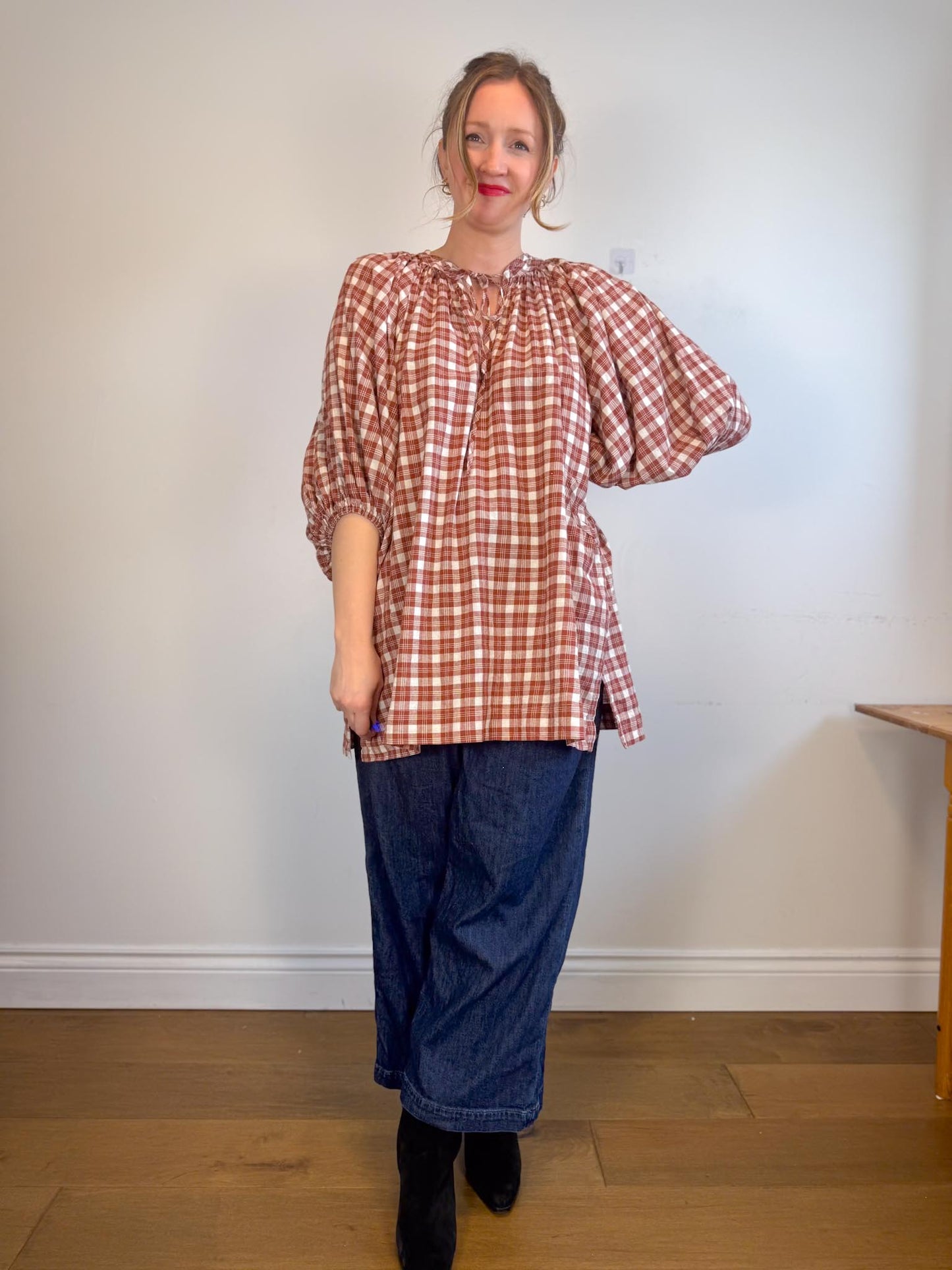 Daughters of India Sustainable "Poet Mini Dress in Red Clay" (Size M/L)