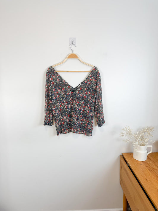 Sezane V-Neck Lace Trim Blouse in Black Floral (Size S)