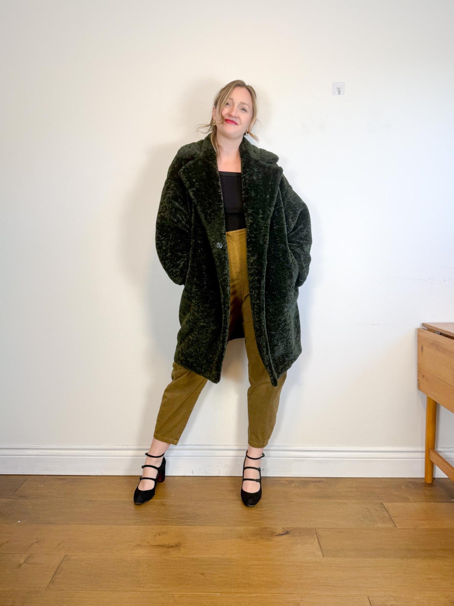 LAUREN VIDAL "Luna Faux Fur Shearling Jacket in Dark Green" (Size M/L)