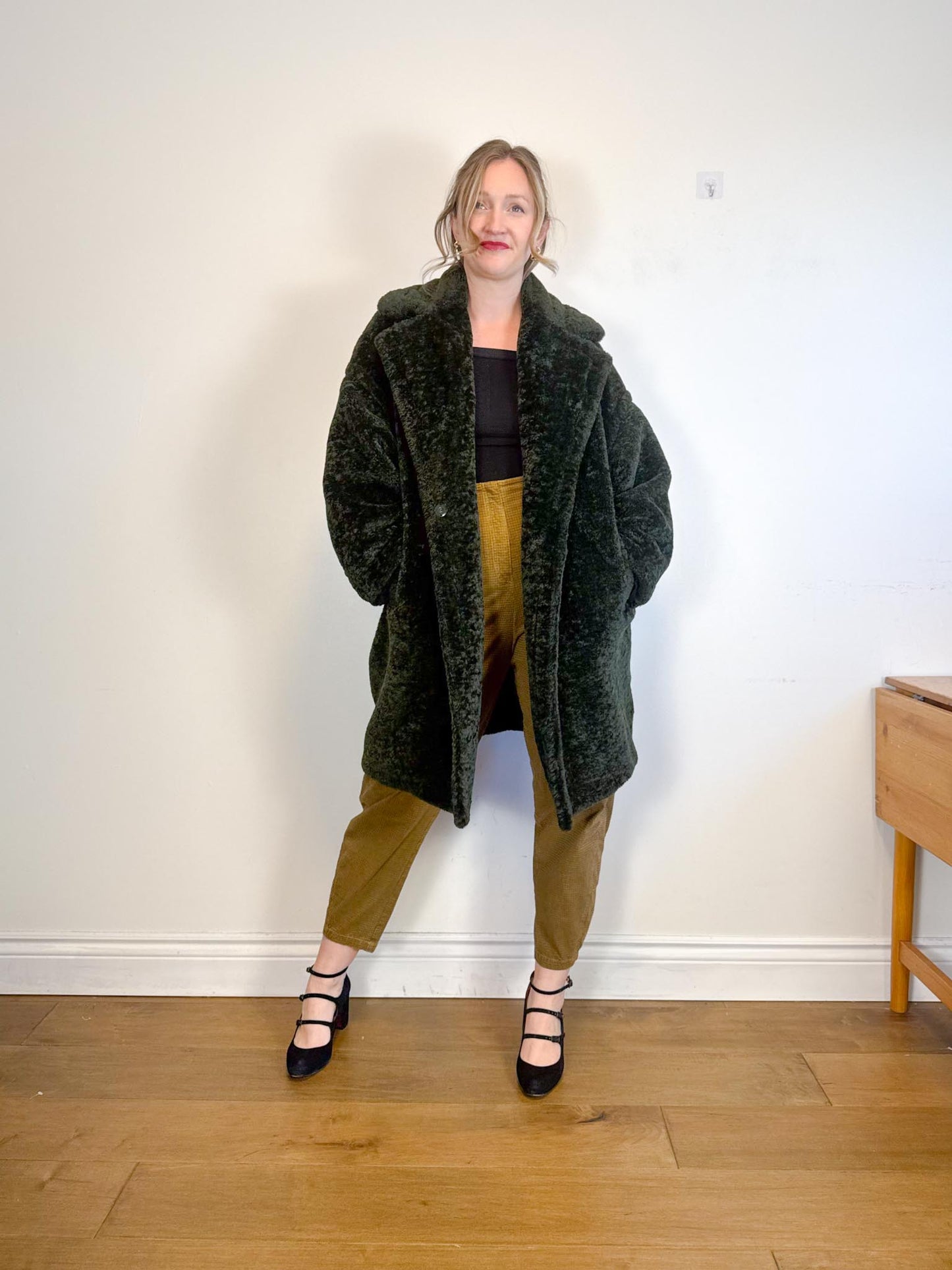 LAUREN VIDAL "Luna Faux Fur Shearling Jacket in Dark Green" (Size M/L)