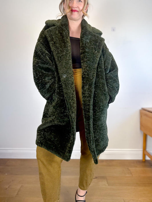 LAUREN VIDAL "Luna Faux Fur Shearling Jacket in Dark Green" (Size M/L)