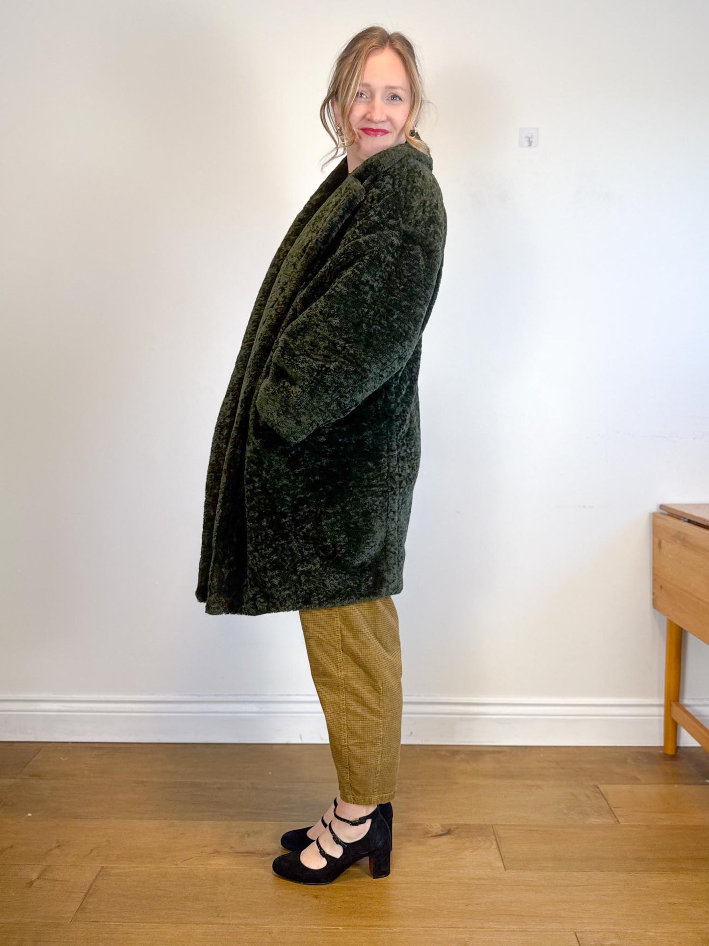 LAUREN VIDAL "Luna Faux Fur Shearling Jacket in Dark Green" (Size M/L)