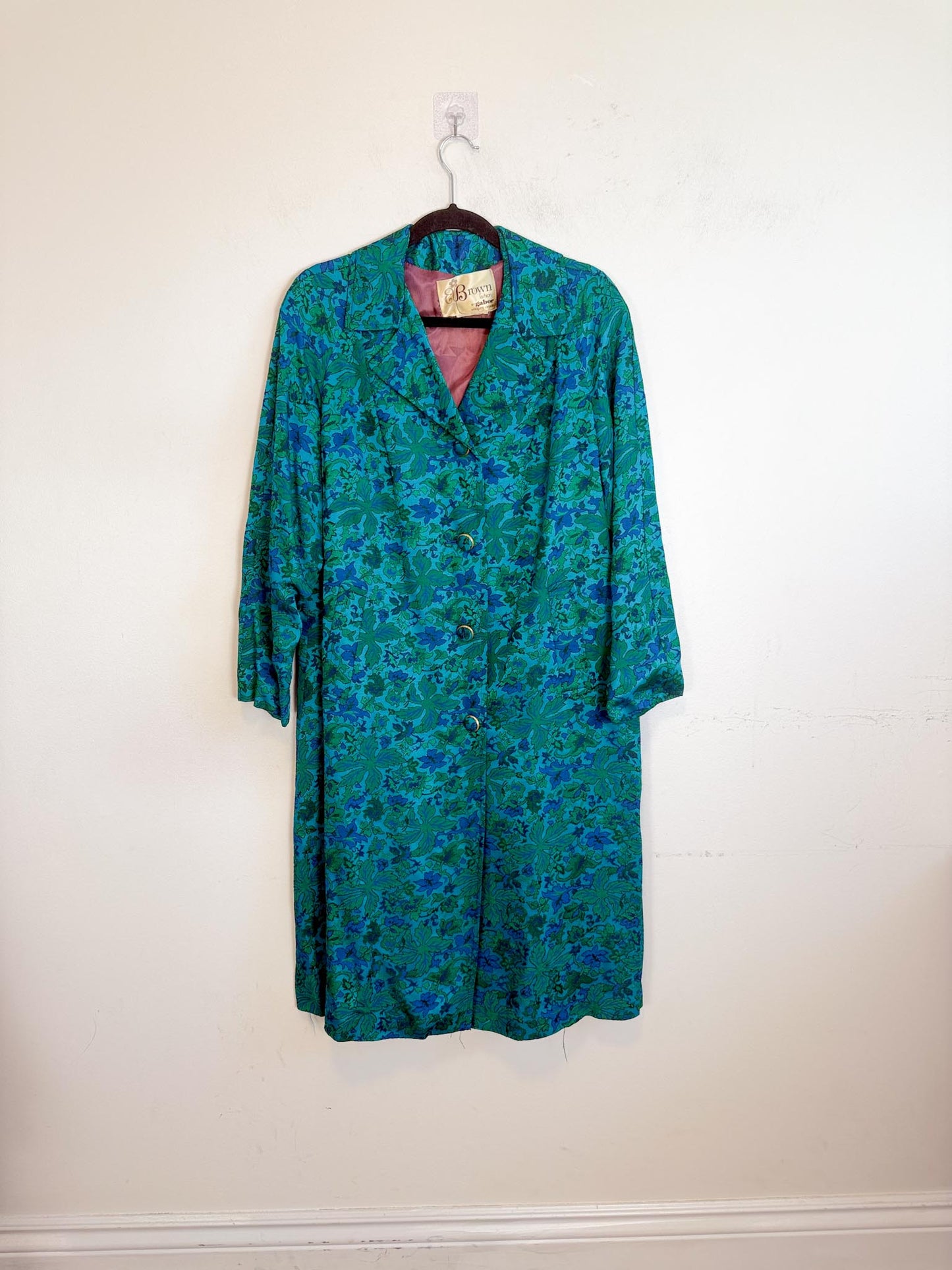 Vintage 1970s Brown Fashions Coat by Gabor Winnipeg Jacket in Floral Teal(Size M/L)
