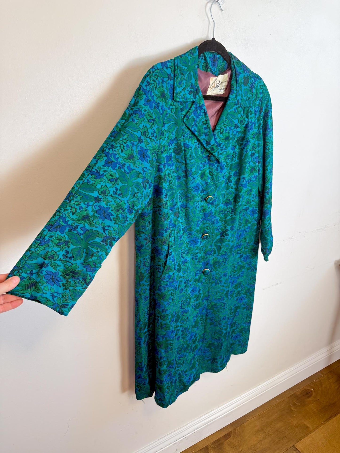 Vintage 1970s Brown Fashions Coat by Gabor Winnipeg Jacket in Floral Teal(Size M/L)