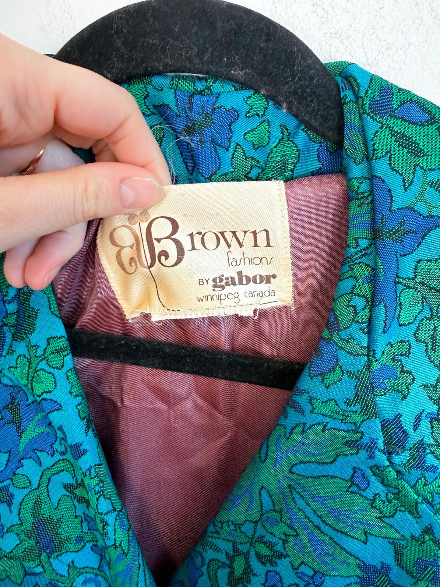 Vintage 1970s Brown Fashions Coat by Gabor Winnipeg Jacket in Floral Teal(Size M/L)