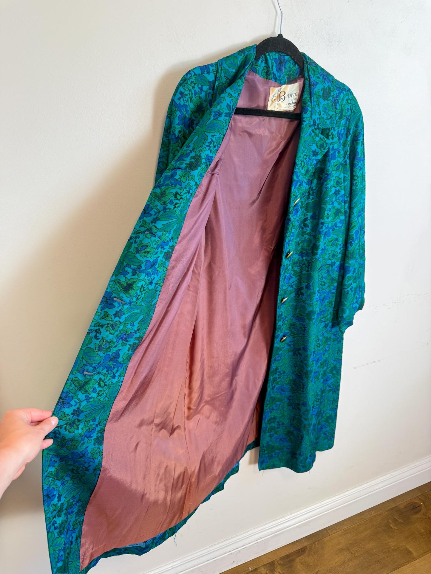 Vintage 1970s Brown Fashions Coat by Gabor Winnipeg Jacket in Floral Teal(Size M/L)